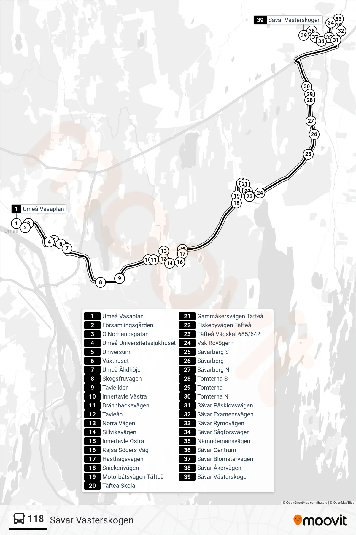 Rutt och hållplatser på karta för linje 118 spårvagn, (Sävar Västerskogen)