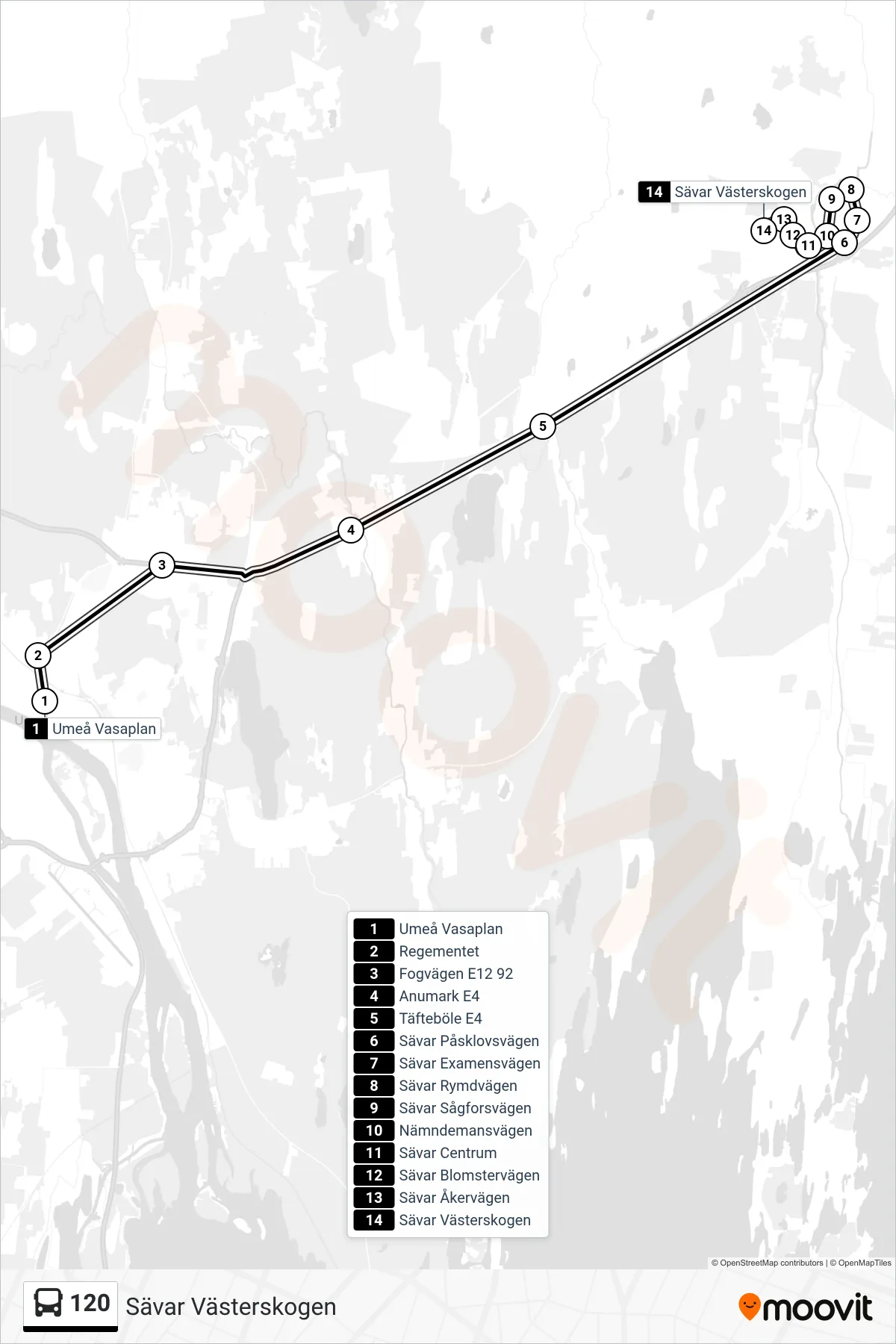 Rutt och hållplatser på karta för linje 120 spårvagn, (Sävar Västerskogen)
