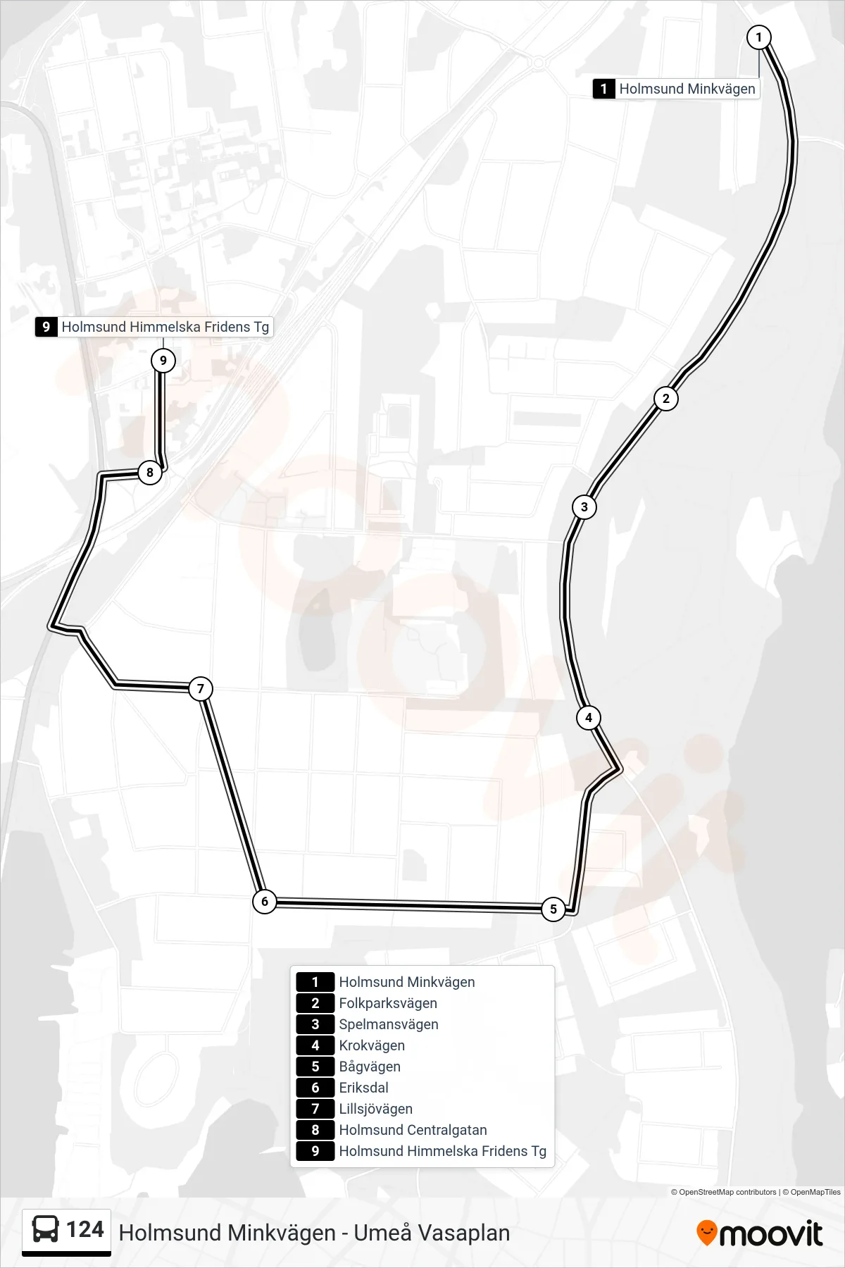 Rutt och hållplatser på karta för linje 124 spårvagn, (Holmsund Himmelska Fridens Tg)