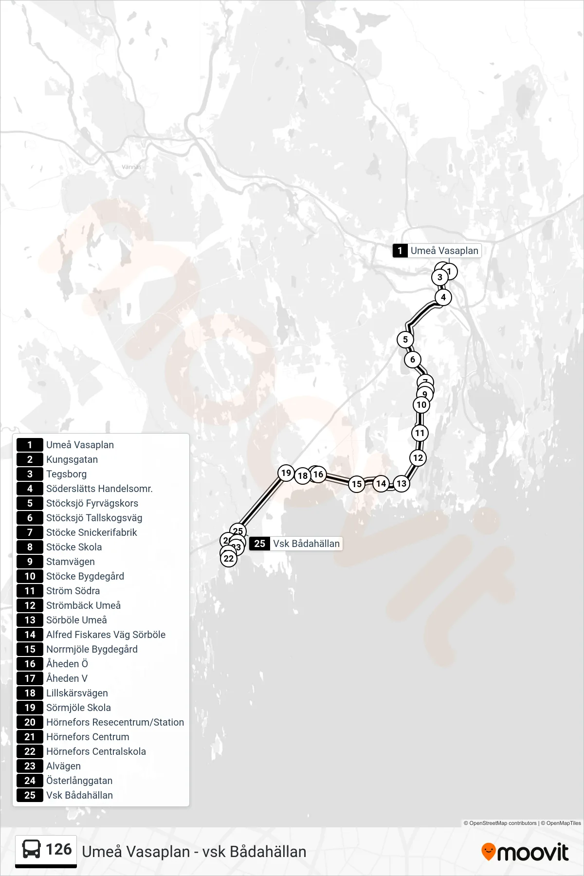 Rutt och hållplatser på karta för linje 126 spårvagn, (Vsk Bådahällan)