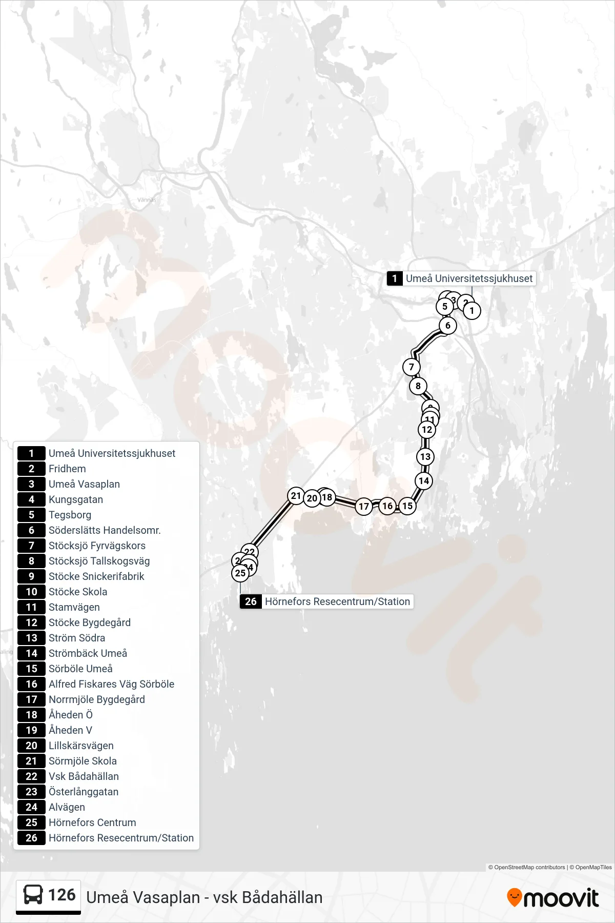 Rutt och hållplatser på karta för linje 126  spårvagn, (Hörnefors Resecentrum/Station)