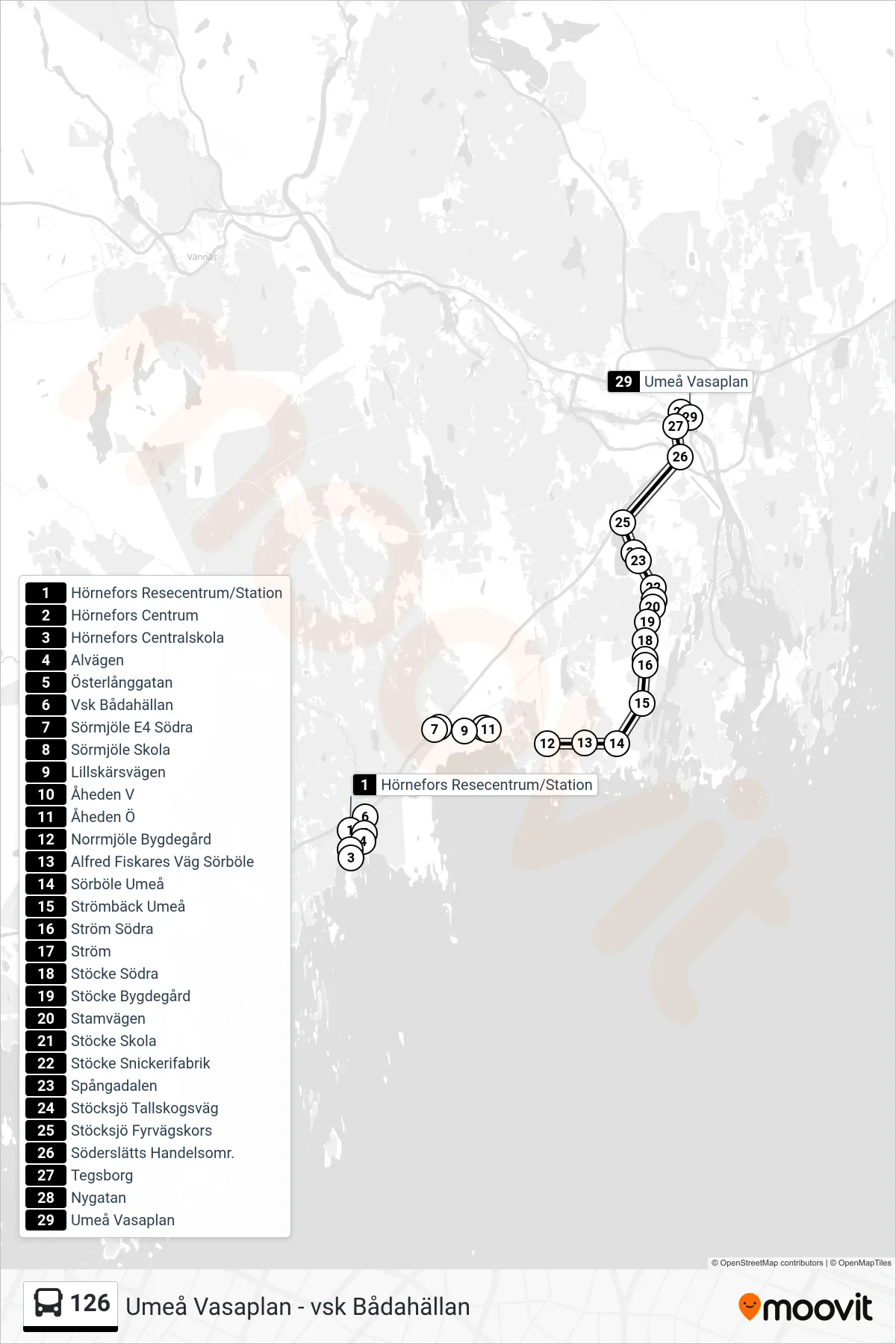 Rutt och hållplatser på karta för linje 126 spårvagn, (Umeå Vasaplan)