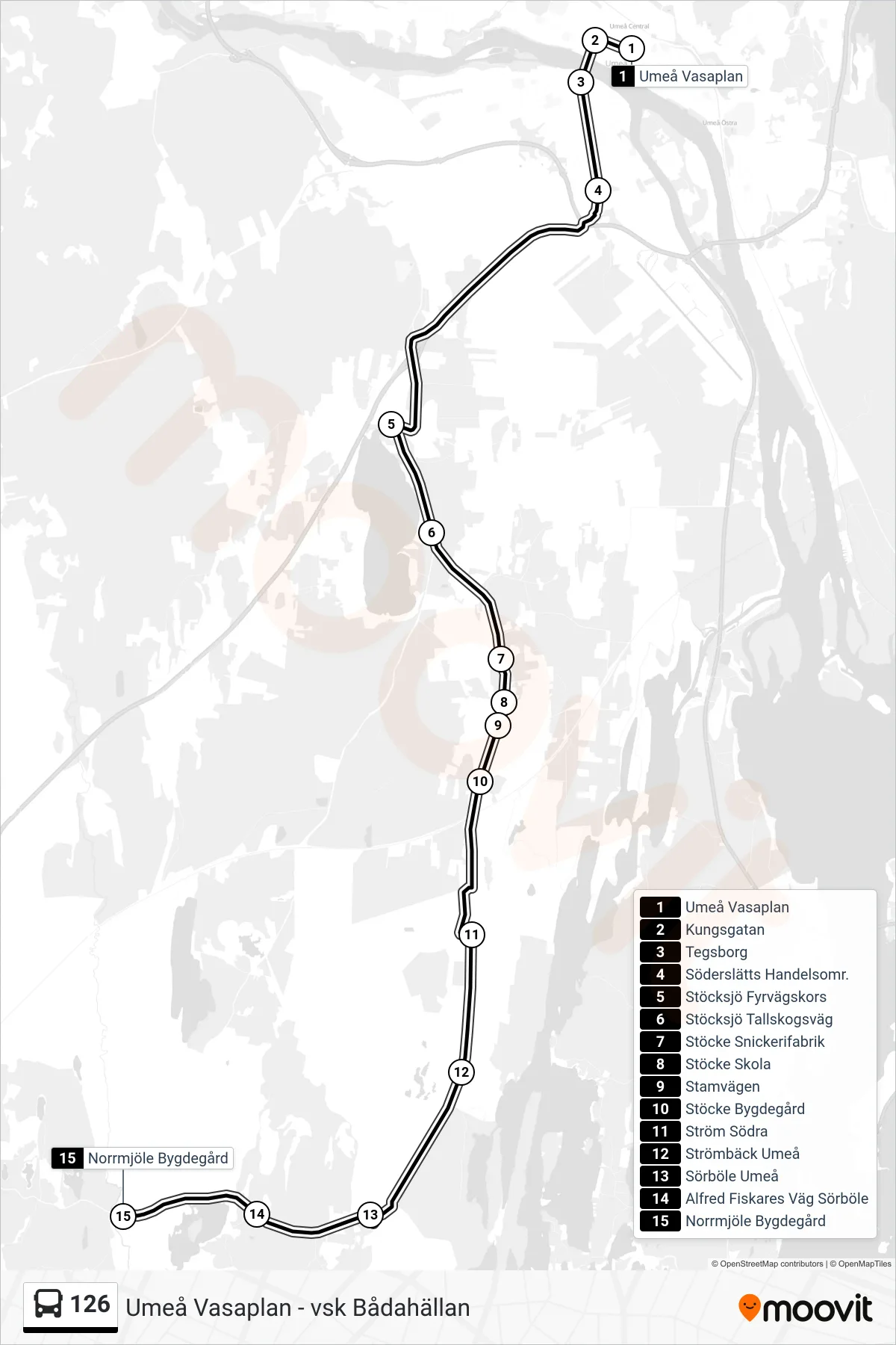 Rutt och hållplatser på karta för linje 126 spårvagn, (Norrmjöle Bygdegård)