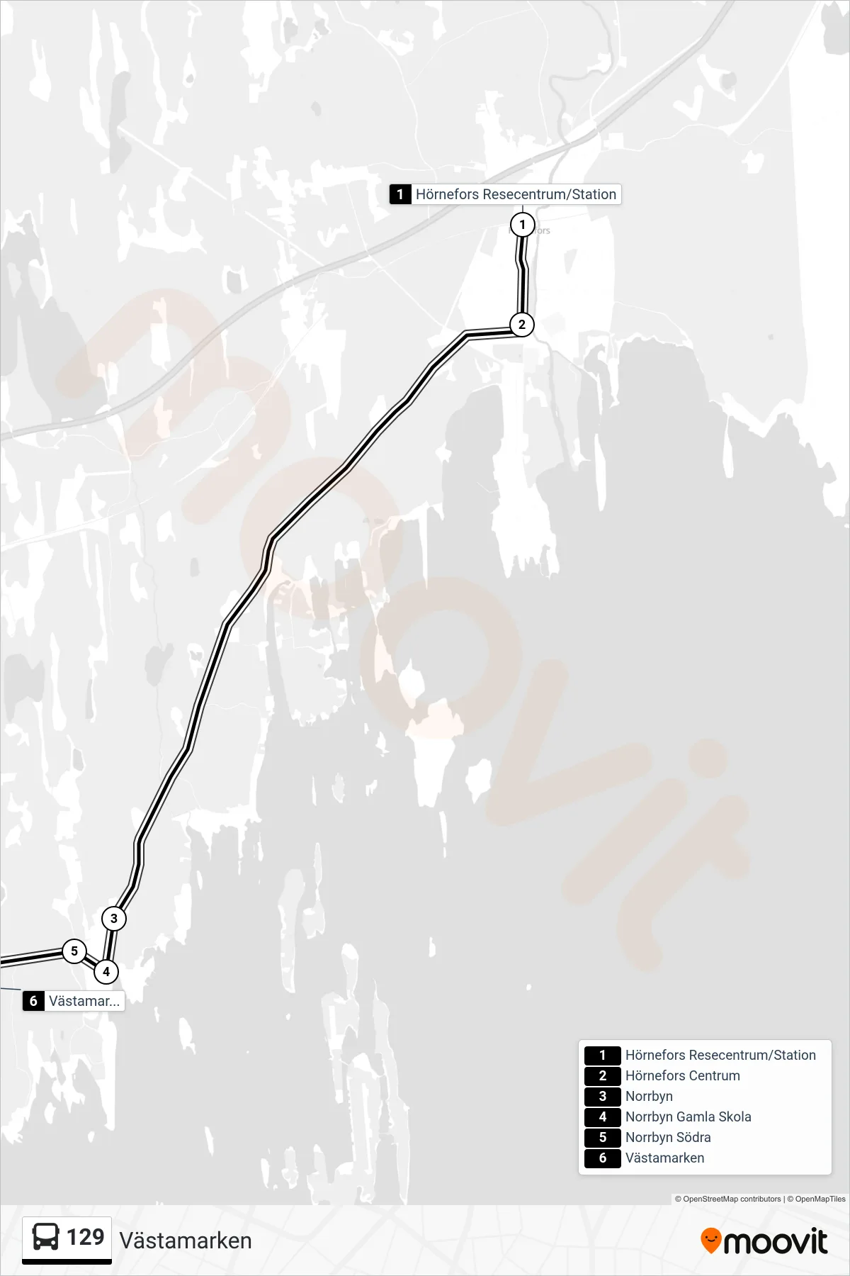Rutt och hållplatser på karta för linje 129  spårvagn, (Västamarken)