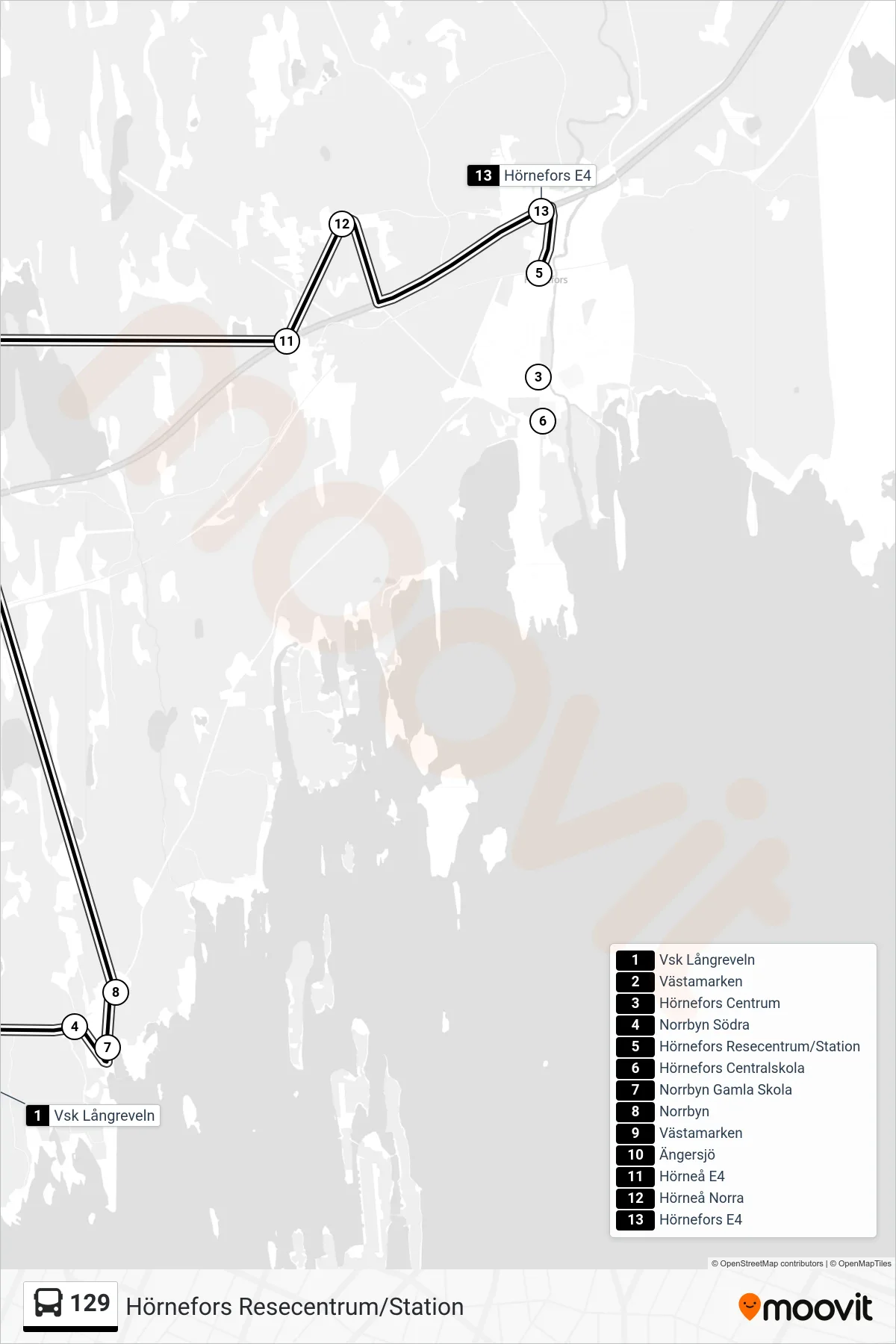 Rutt och hållplatser på karta för linje 129 spårvagn, (Hörnefors Resecentrum/Station)