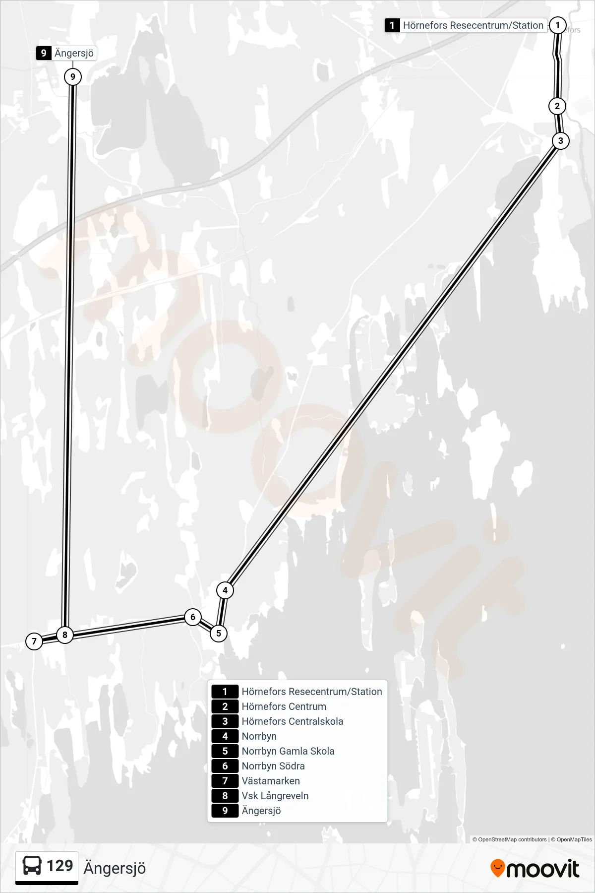 Rutt och hållplatser på karta för linje 129  spårvagn, (Ängersjö)
