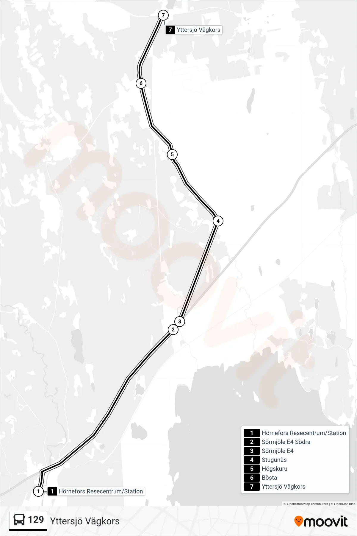 Rutt och hållplatser på karta för linje 129 spårvagn, (Yttersjö Vägkors)