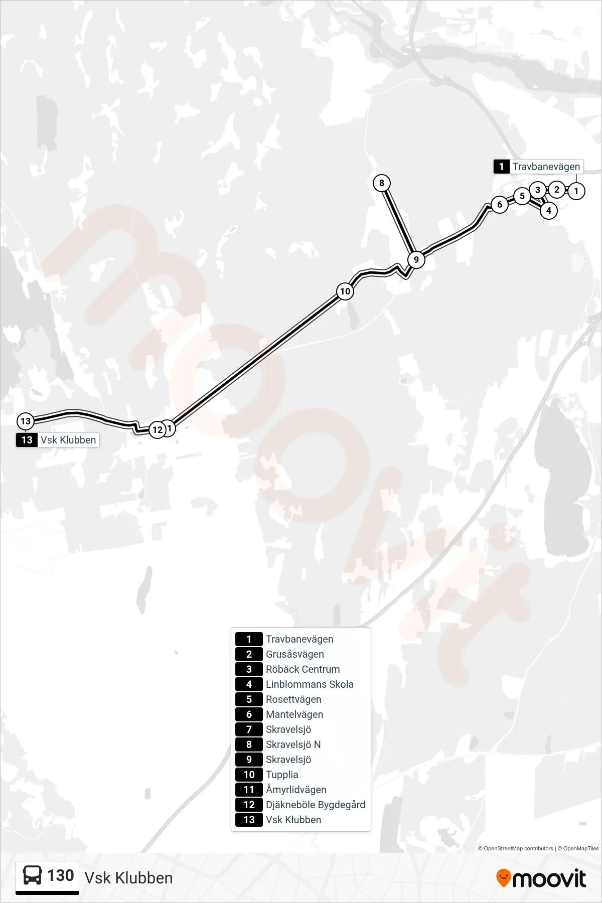 Rutt och hållplatser på karta för linje 130  spårvagn, (Vsk Klubben)