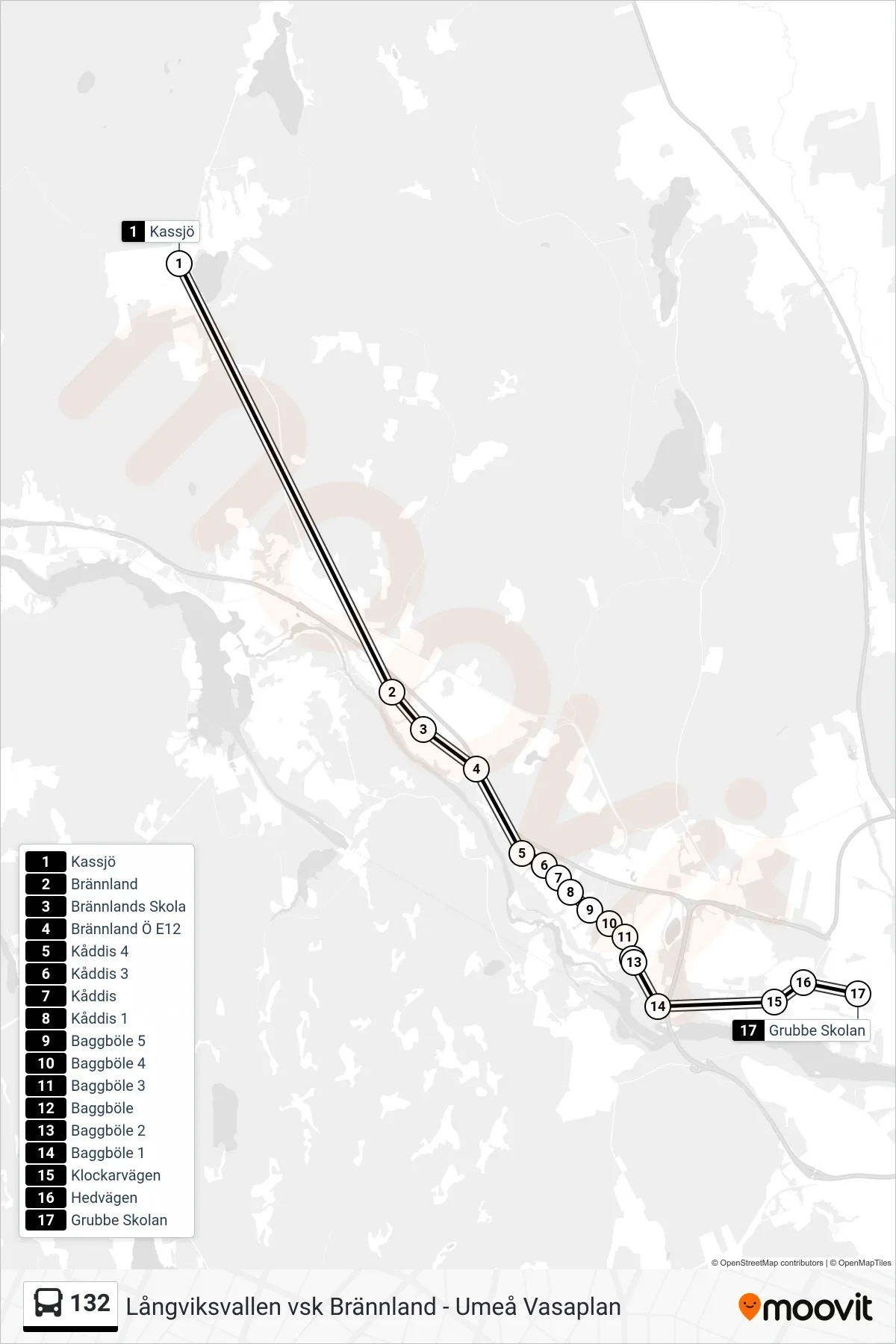 Rutt och hållplatser på karta för linje 132 spårvagn, (Grubbe Skolan)
