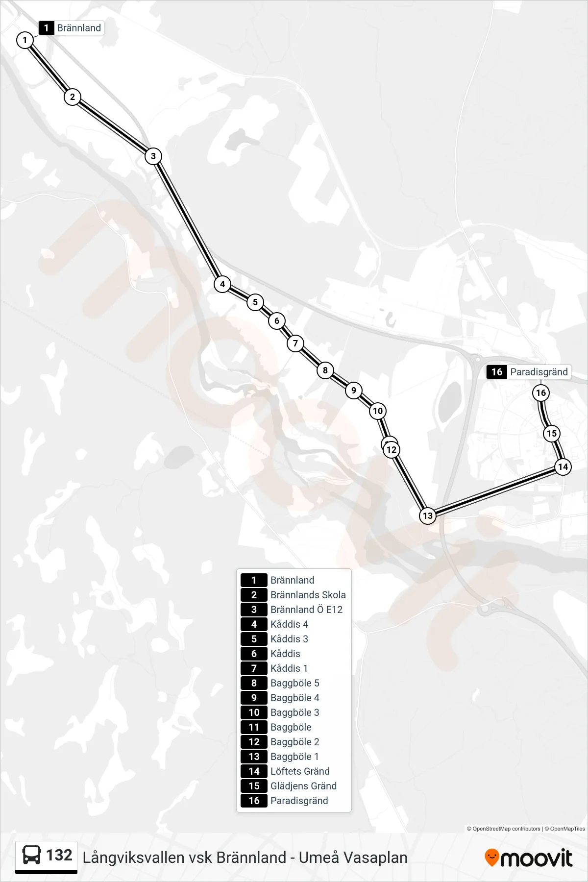 Rutt och hållplatser på karta för linje 132 spårvagn, (Paradisgränd)