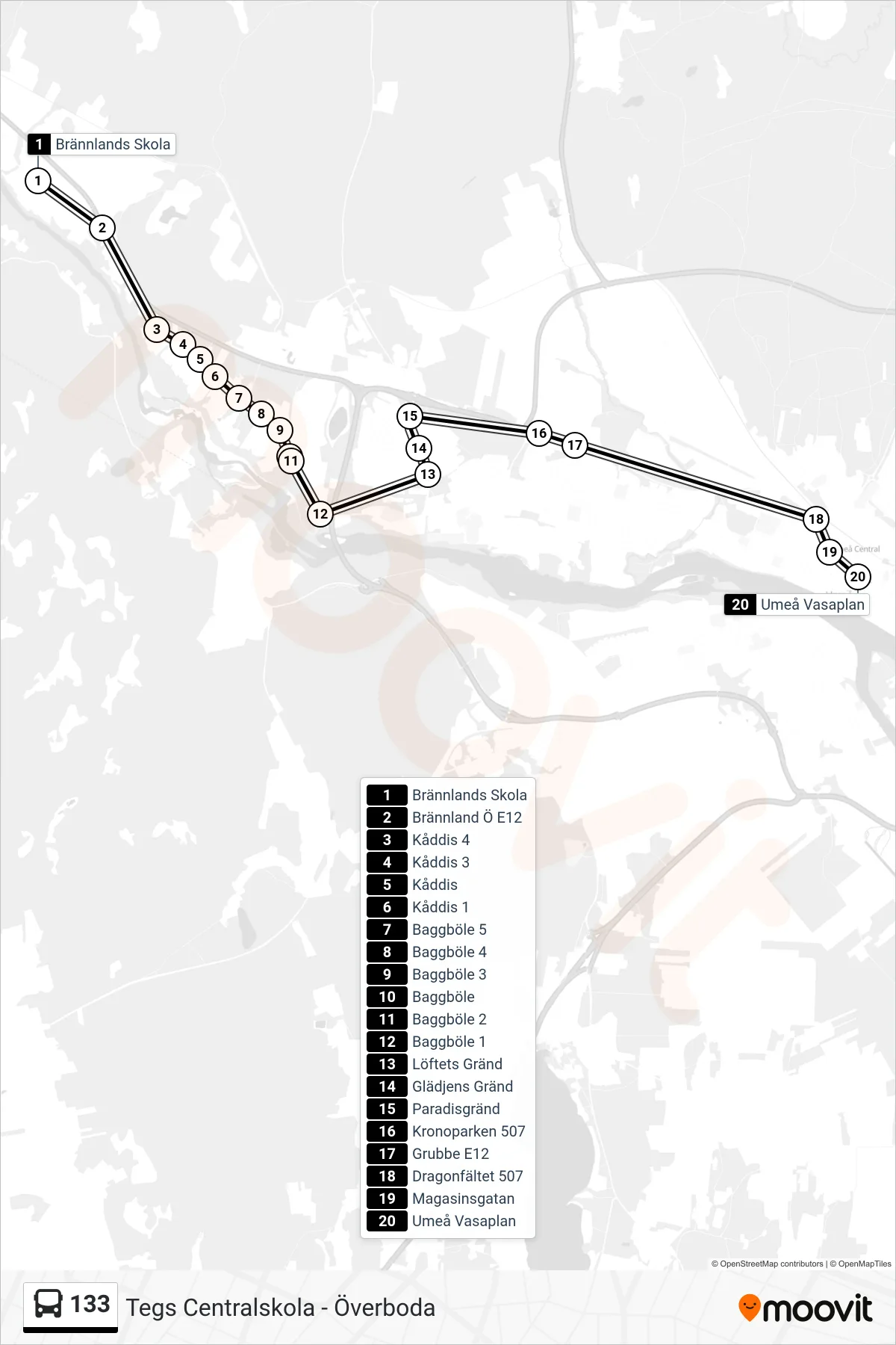 Rutt och hållplatser på karta för linje 133  spårvagn, (Umeå Vasaplan)