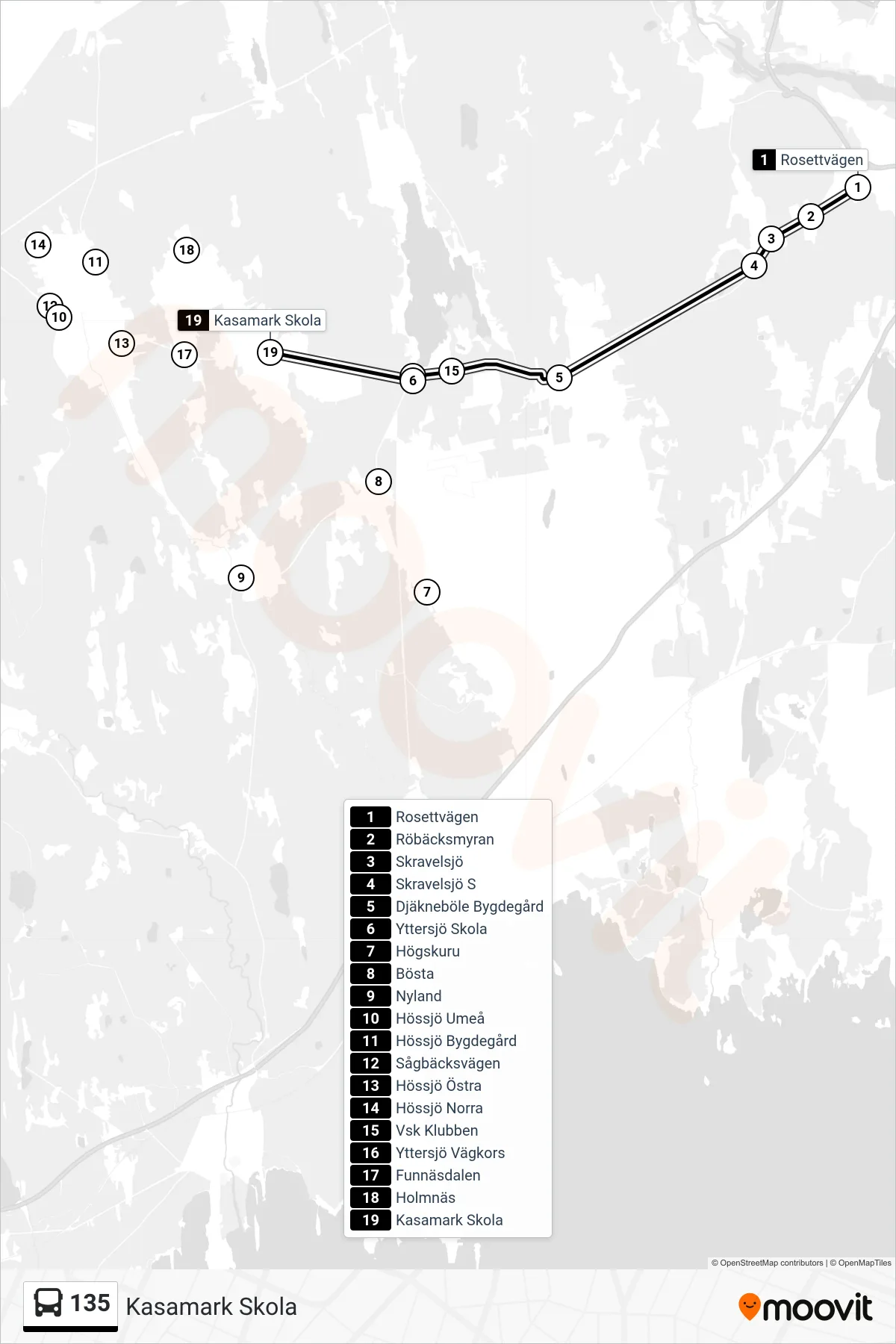 Rutt och hållplatser på karta för linje 135 spårvagn, (Kasamark Skola)