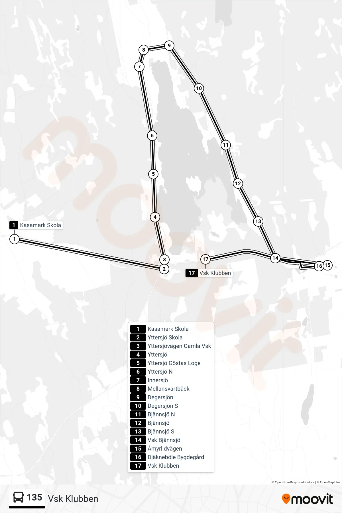 Rutt och hållplatser på karta för linje 135  spårvagn, (Vsk Klubben)
