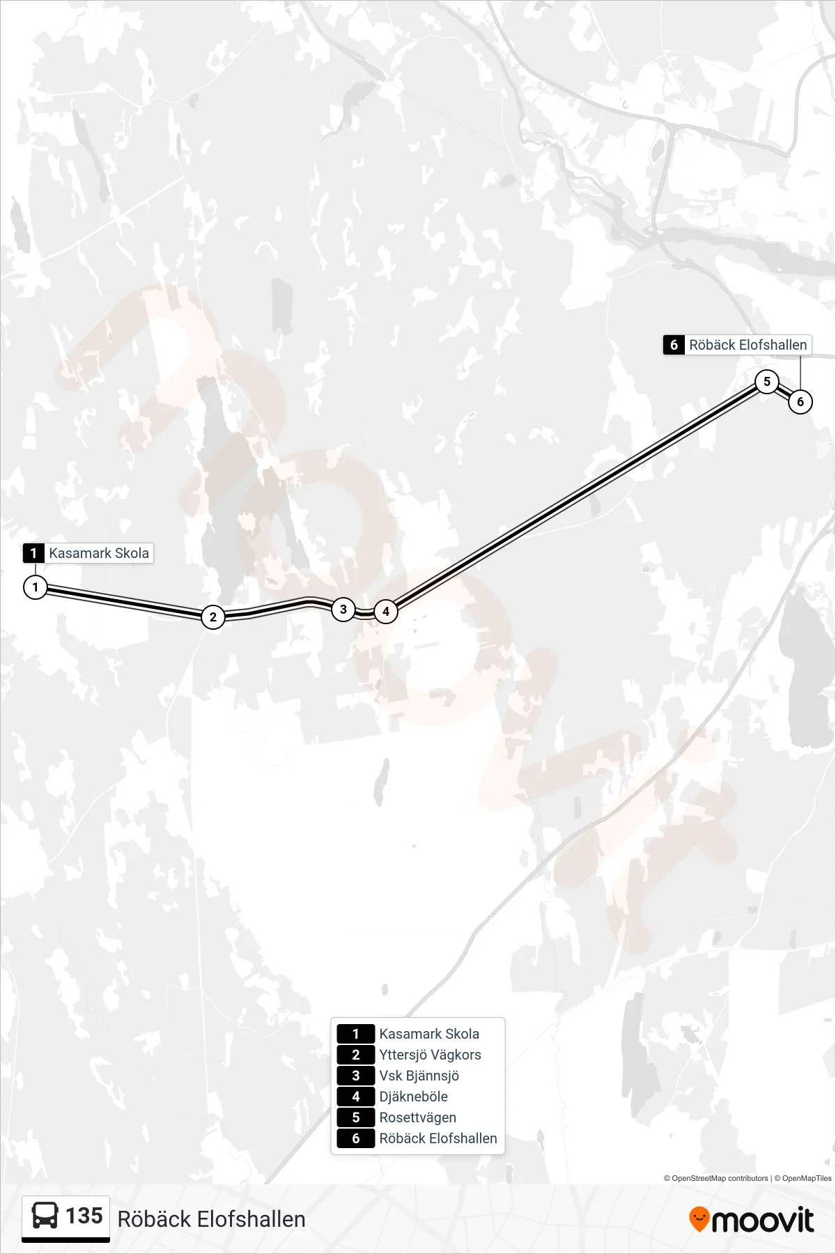 Rutt och hållplatser på karta för linje 135 spårvagn, (Röbäck Elofshallen)