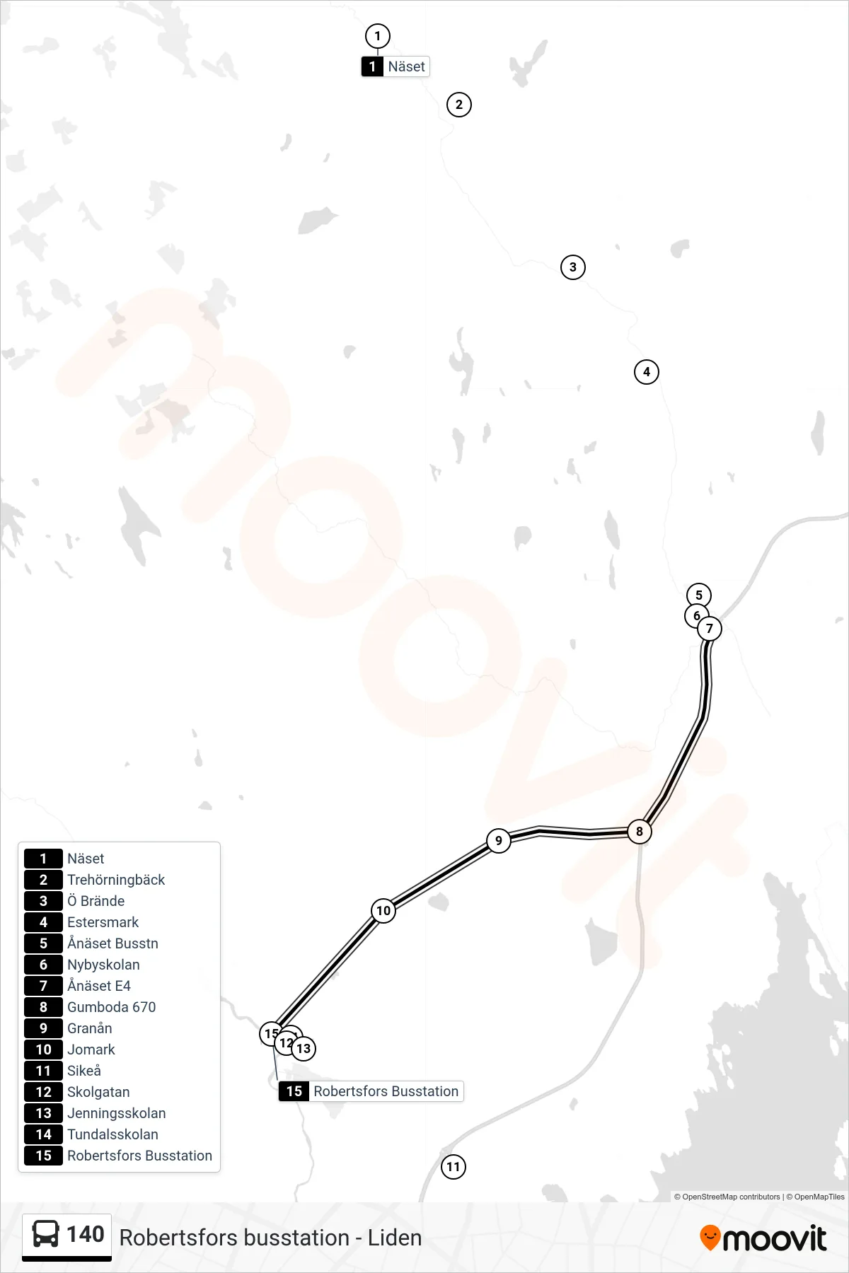 Rutt och hållplatser på karta för linje 140 spårvagn, (Robertsfors Busstation)