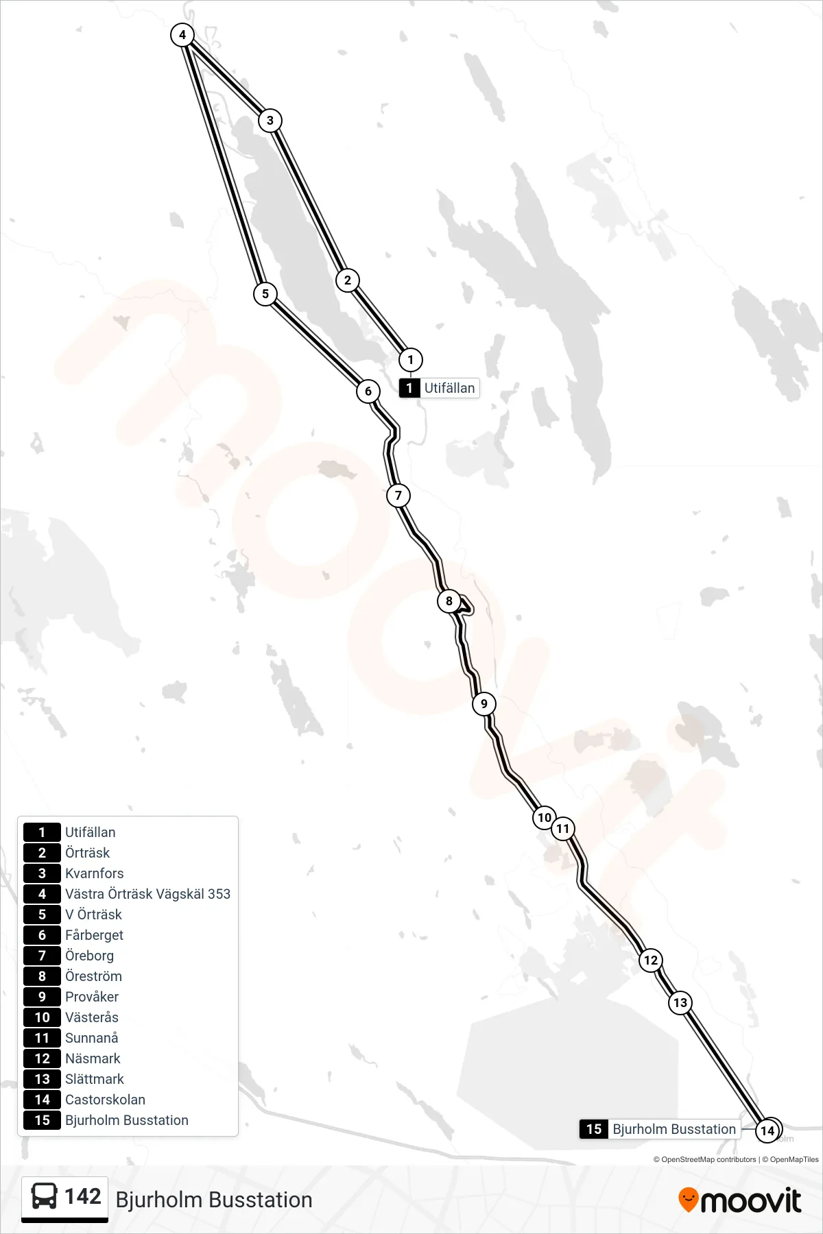 Rutt och hållplatser på karta för linje 142 spårvagn, (Bjurholm Busstation)
