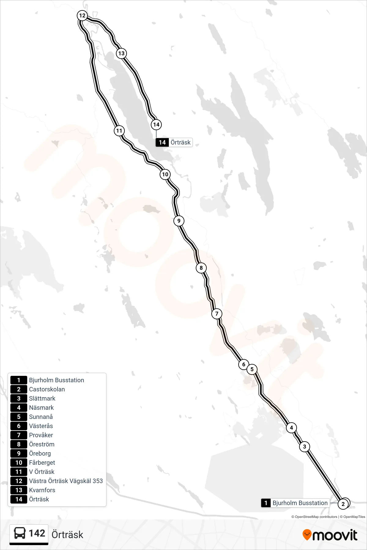 Rutt och hållplatser på karta för linje 142 spårvagn, (Örträsk)