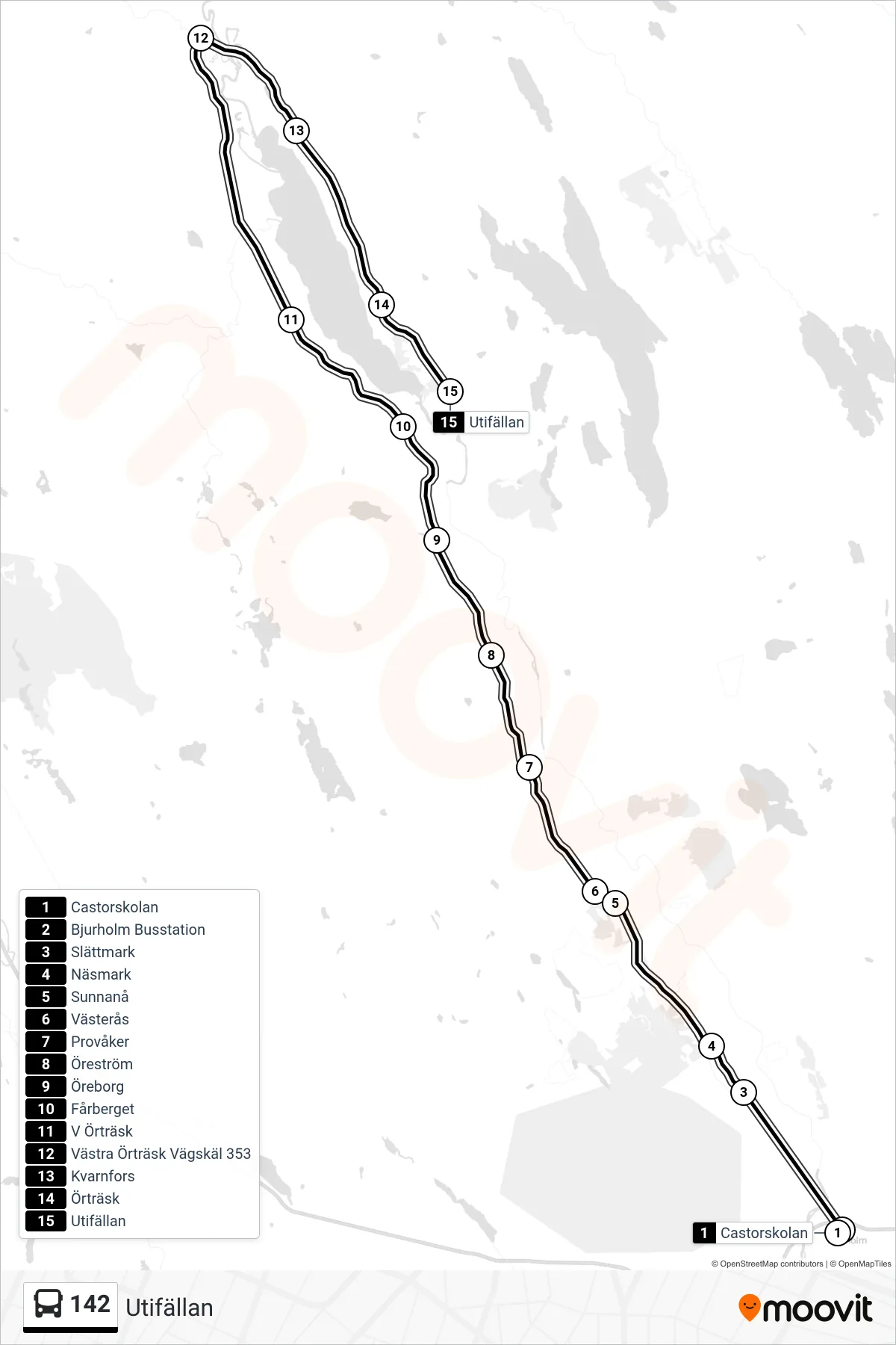 Rutt och hållplatser på karta för linje 142  spårvagn, (Utifällan)