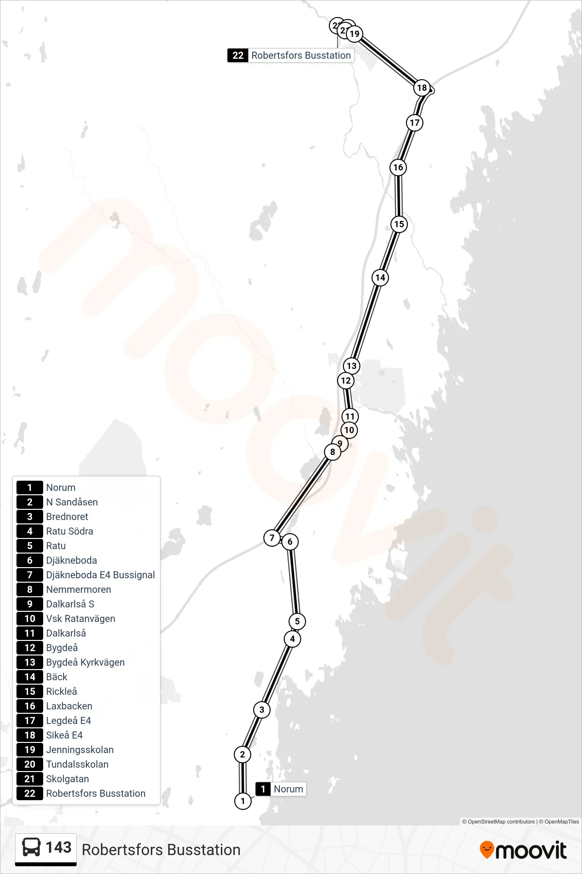 Rutt och hållplatser på karta för linje 143 spårvagn, (Robertsfors Busstation)