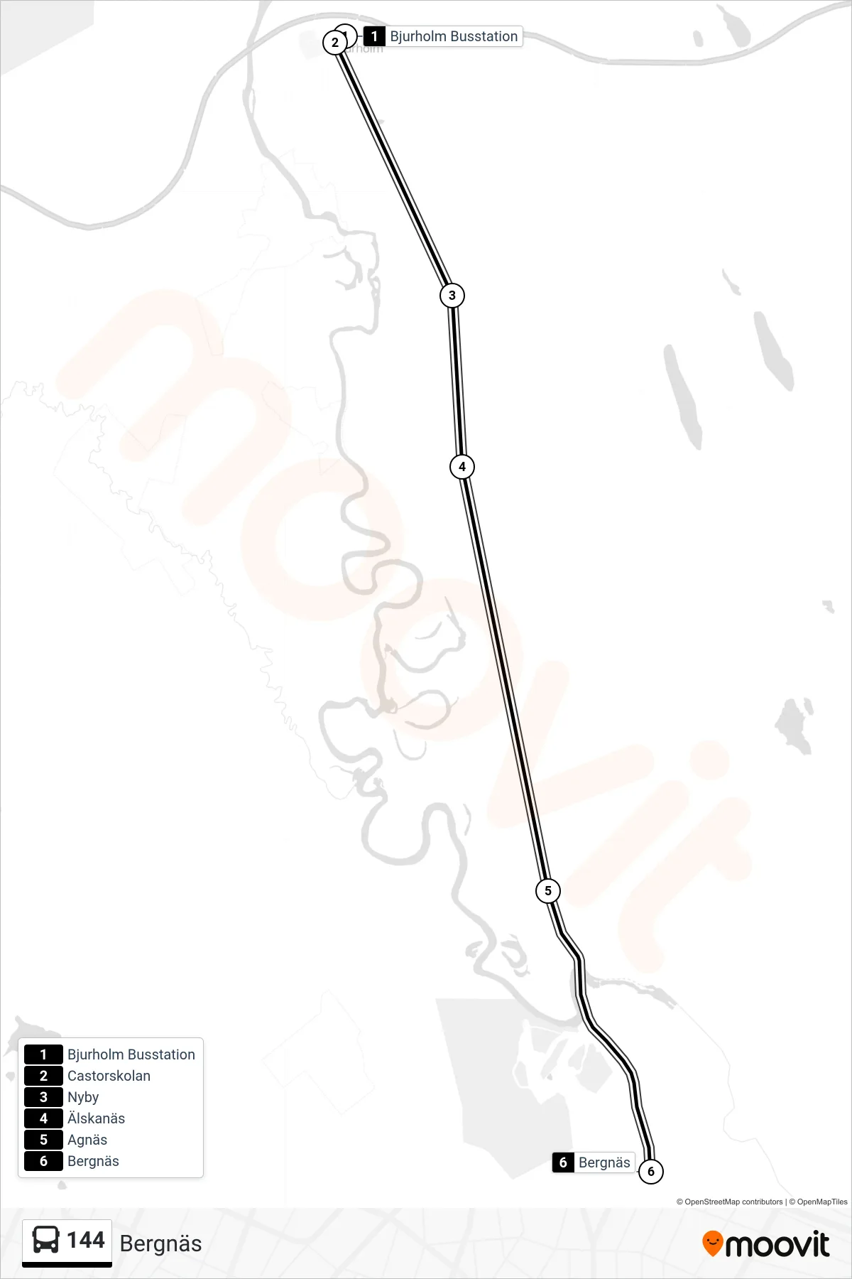 Rutt och hållplatser på karta för linje 144 spårvagn, (Bergnäs)