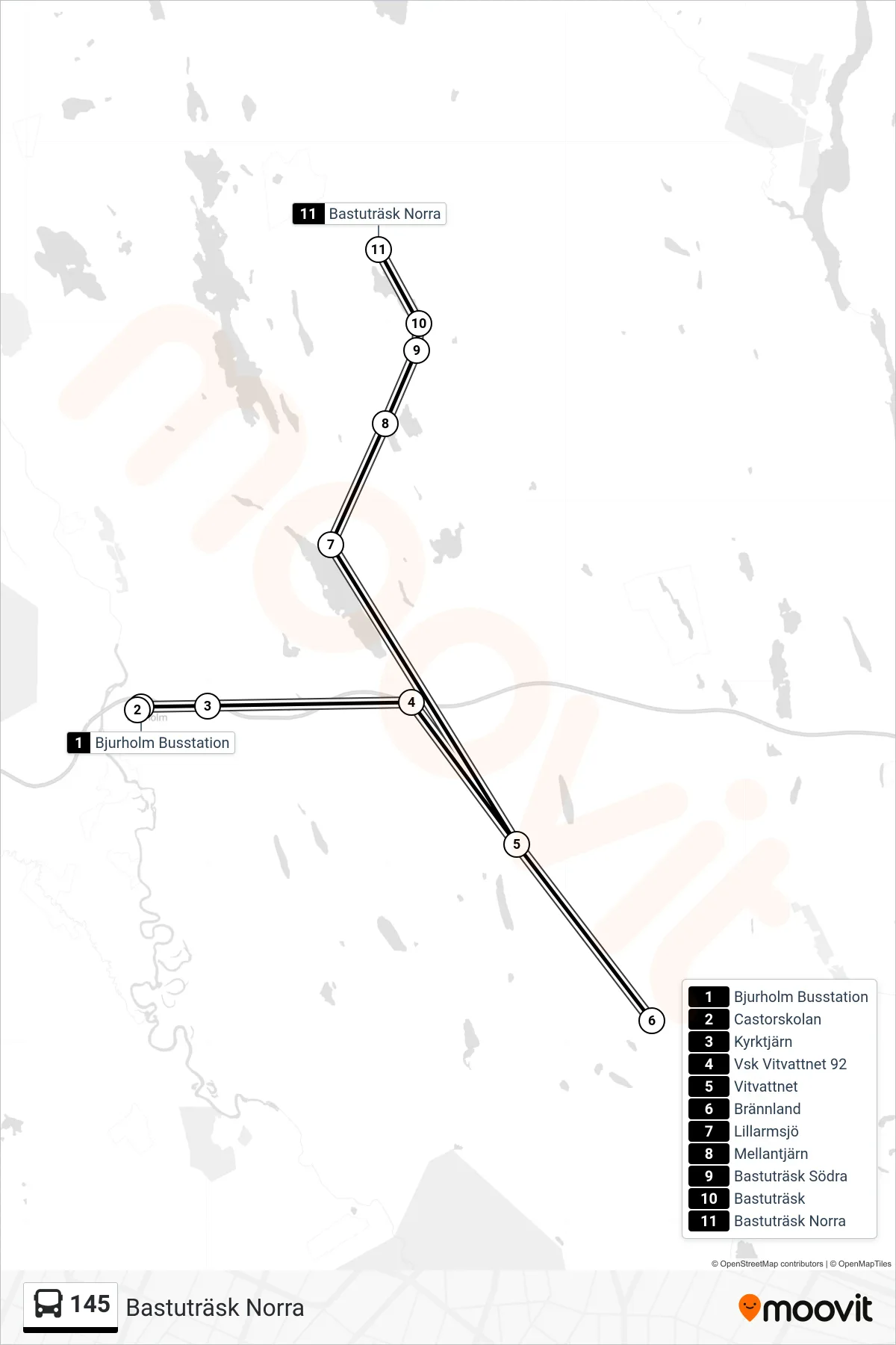 Rutt och hållplatser på karta för linje 145 spårvagn, (Bastuträsk Norra)