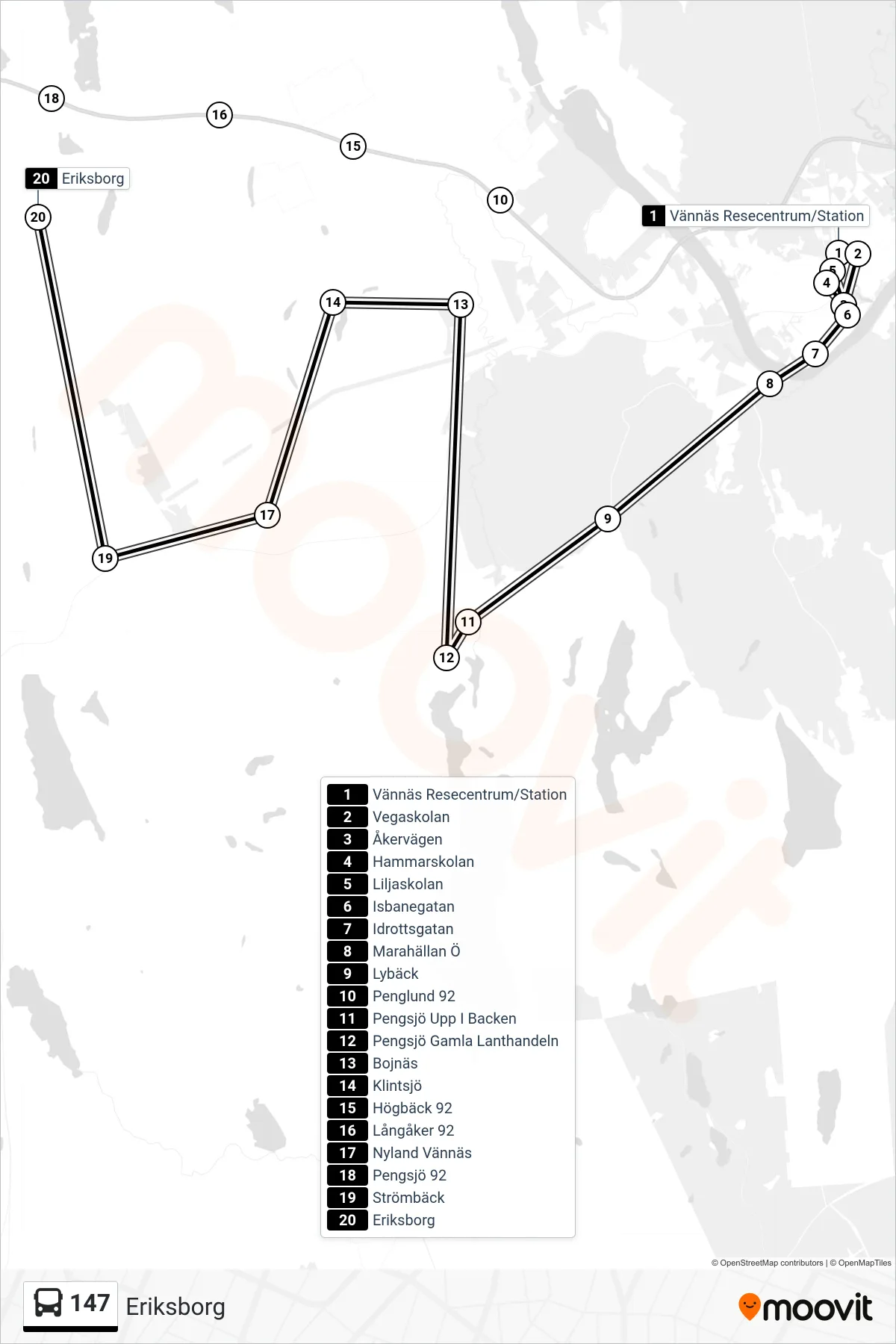 Rutt och hållplatser på karta för linje 147  spårvagn, (Eriksborg)