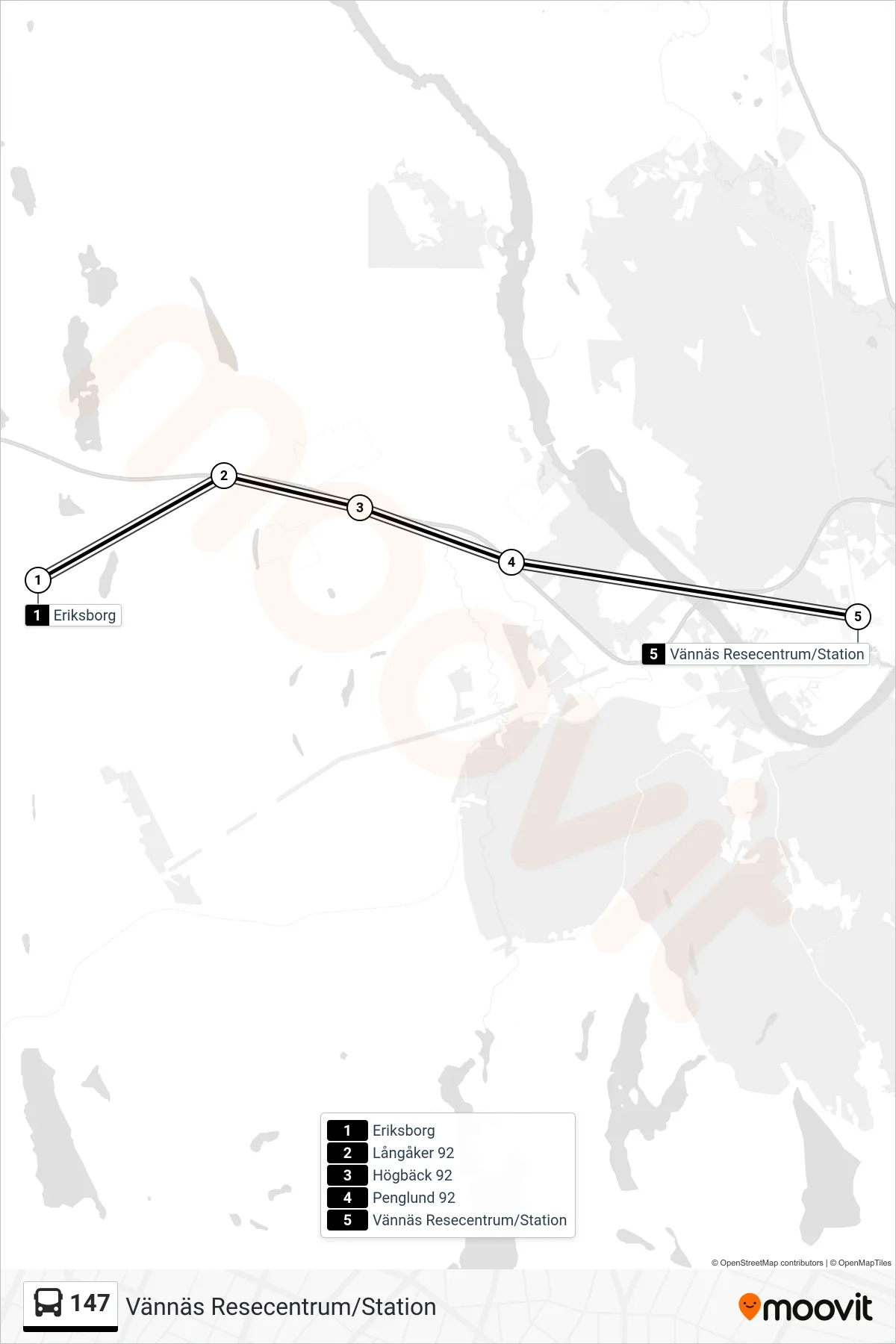Rutt och hållplatser på karta för linje 147 spårvagn, (Vännäs Resecentrum/Station)