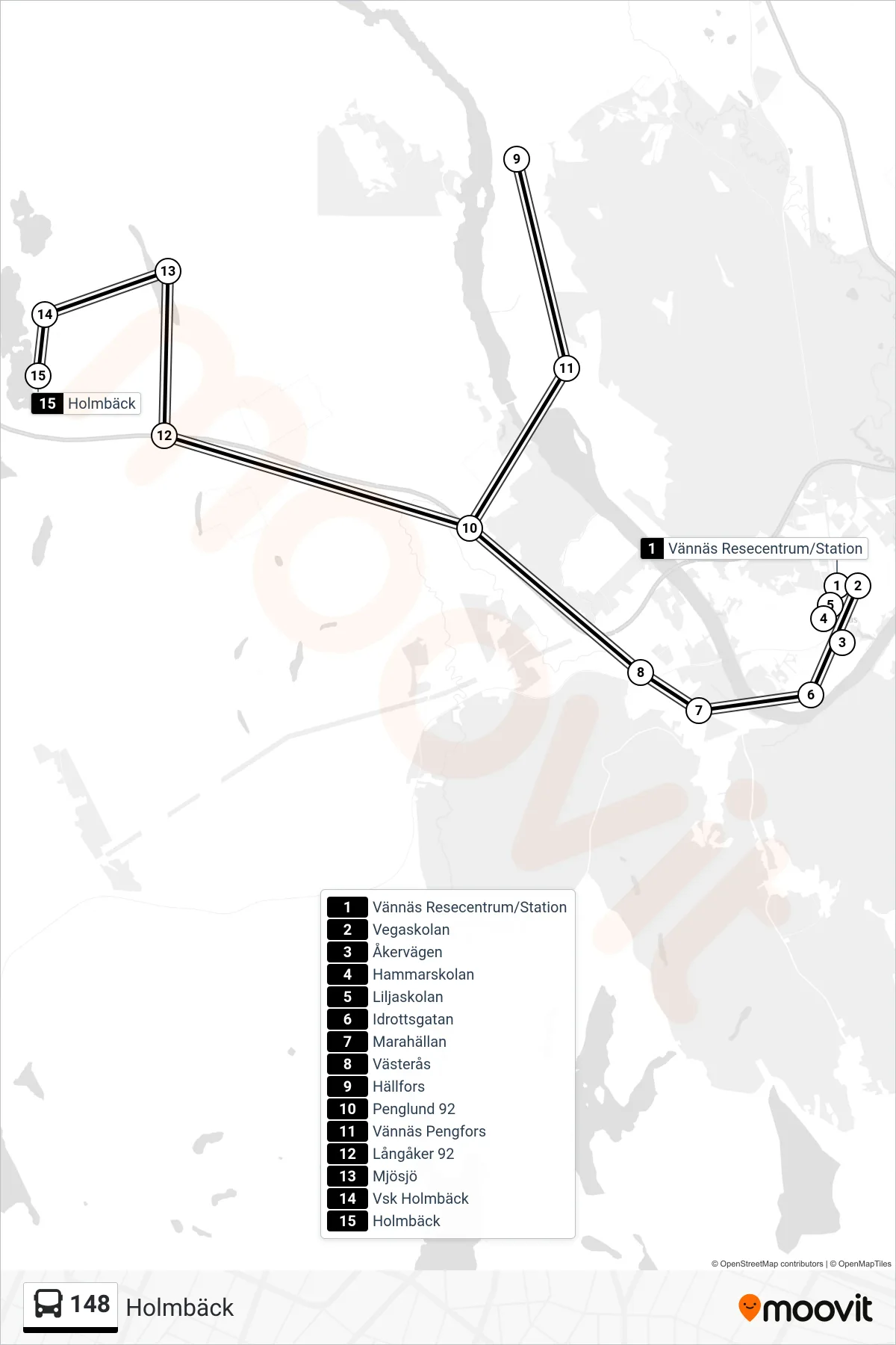 Rutt och hållplatser på karta för linje 148 spårvagn, (Holmbäck)