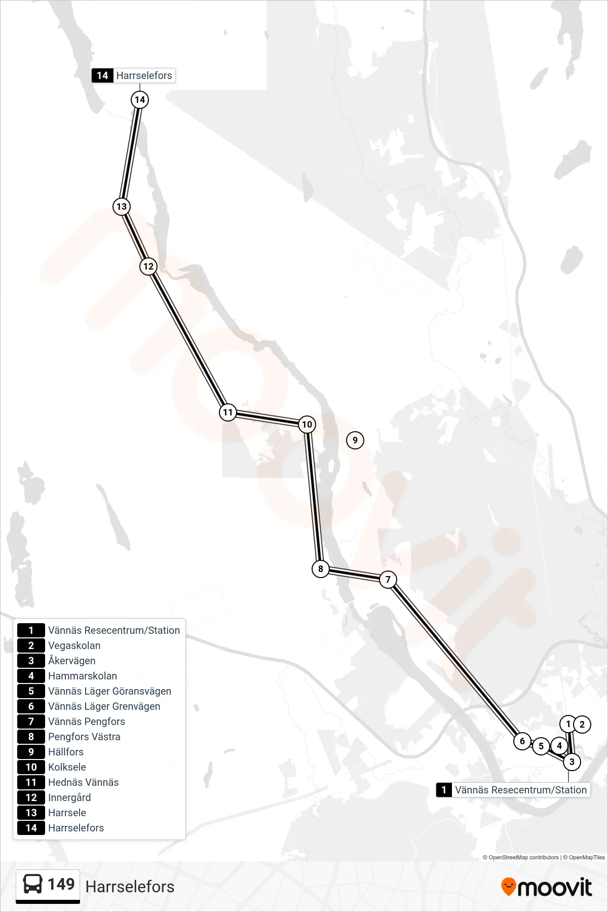 Rutt och hållplatser på karta för linje 149  spårvagn, (Harrselefors)