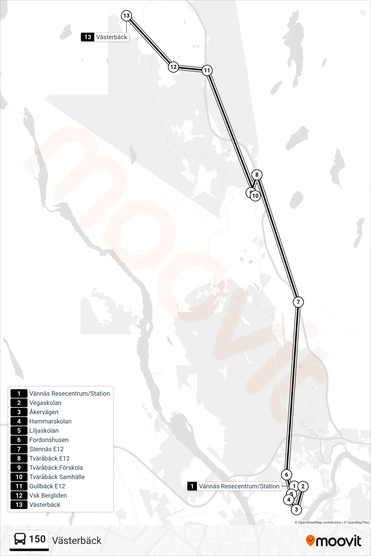 Rutt och hållplatser på karta för linje 150 spårvagn, (Västerbäck)