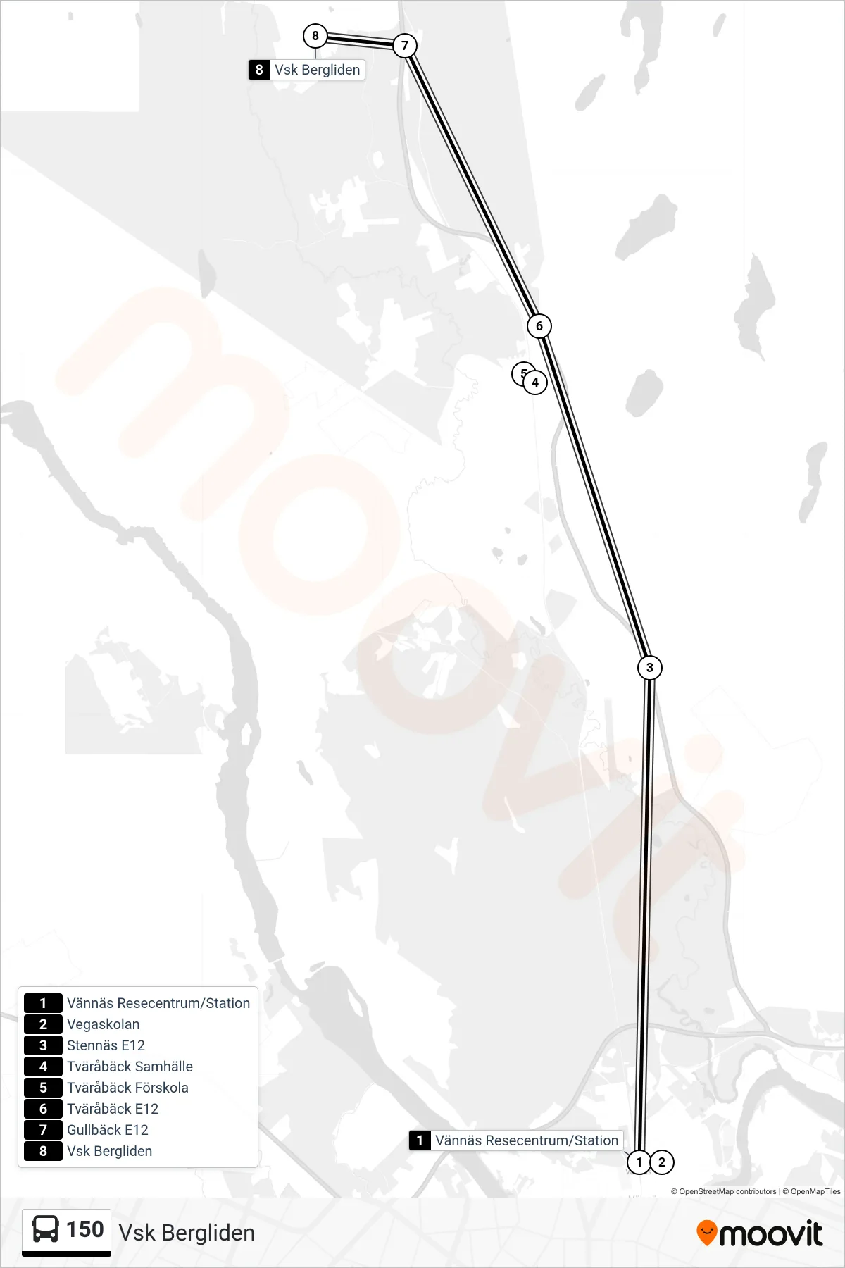 Rutt och hållplatser på karta för linje 150  spårvagn, (Vsk Bergliden)