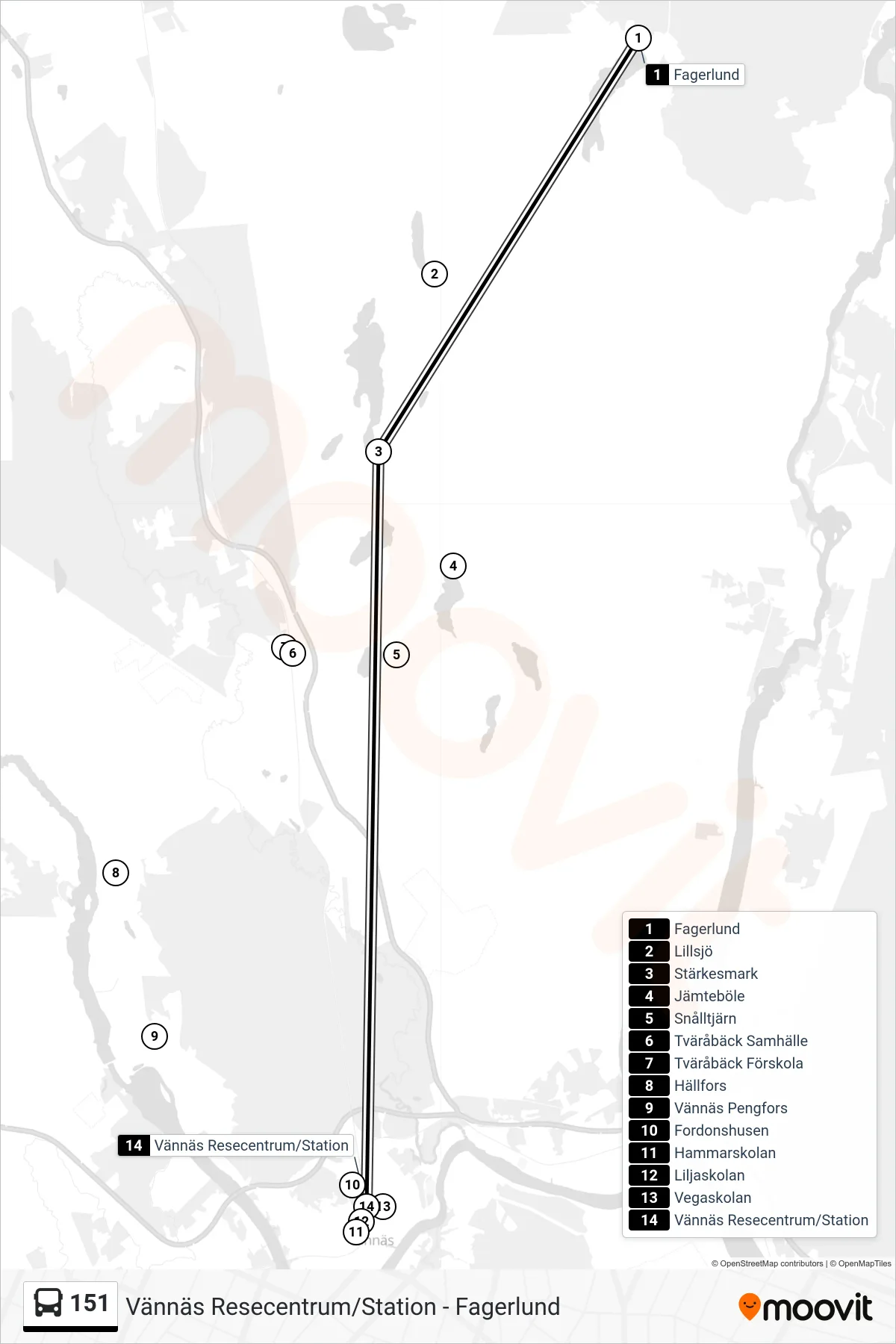 Rutt och hållplatser på karta för linje 151 spårvagn, (Vännäs Resecentrum/Station)