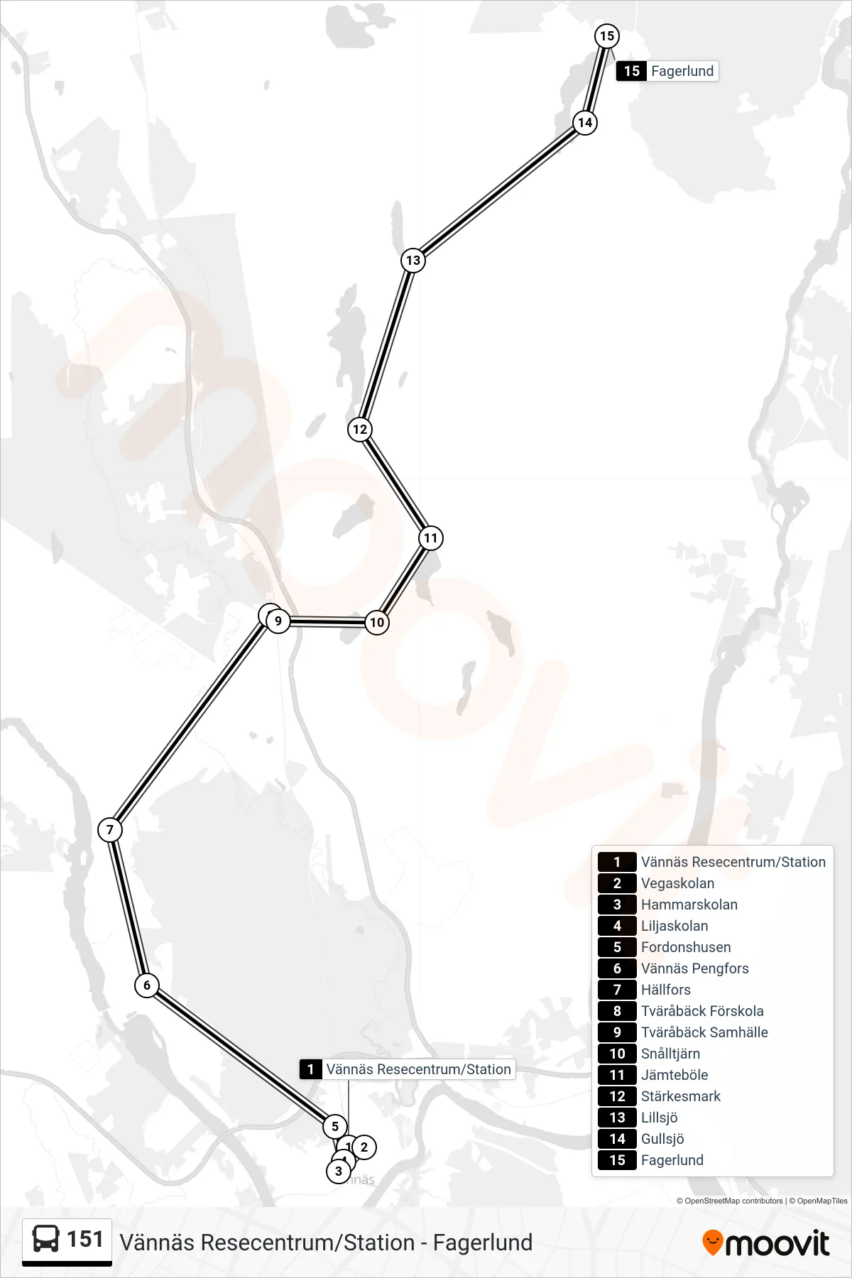 Rutt och hållplatser på karta för linje 151 spårvagn, (Fagerlund)