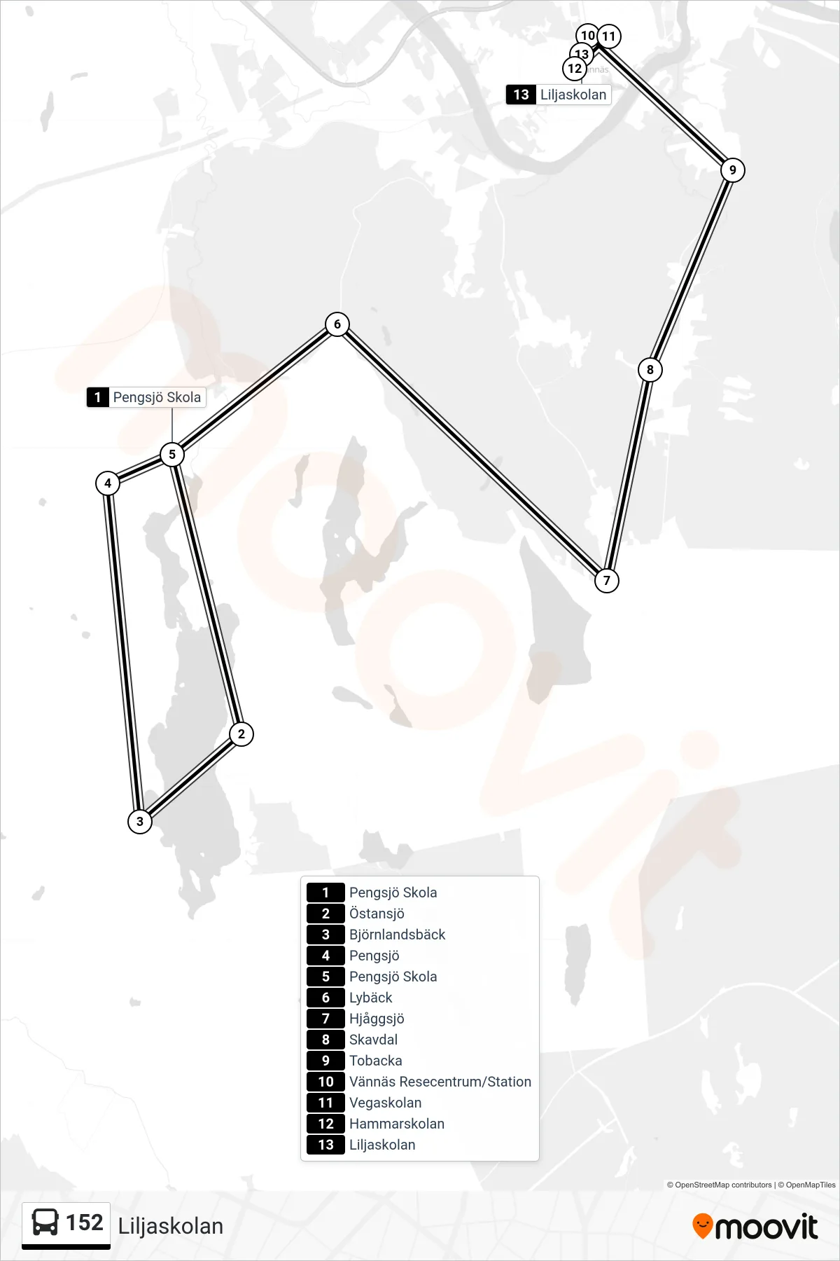 Rutt och hållplatser på karta för linje 152 spårvagn, (Liljaskolan)