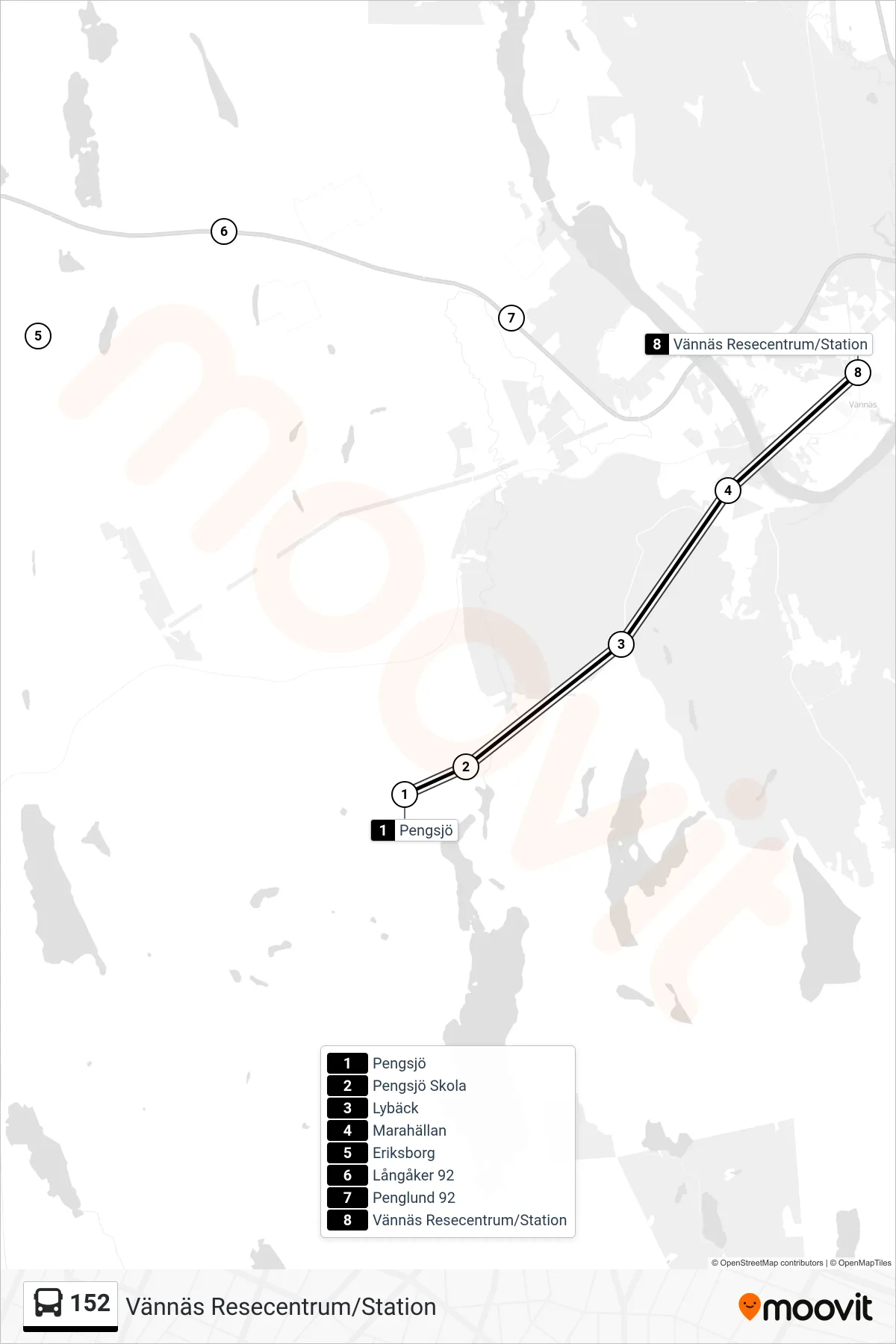 Rutt och hållplatser på karta för linje 152 spårvagn, (Vännäs Resecentrum/Station)