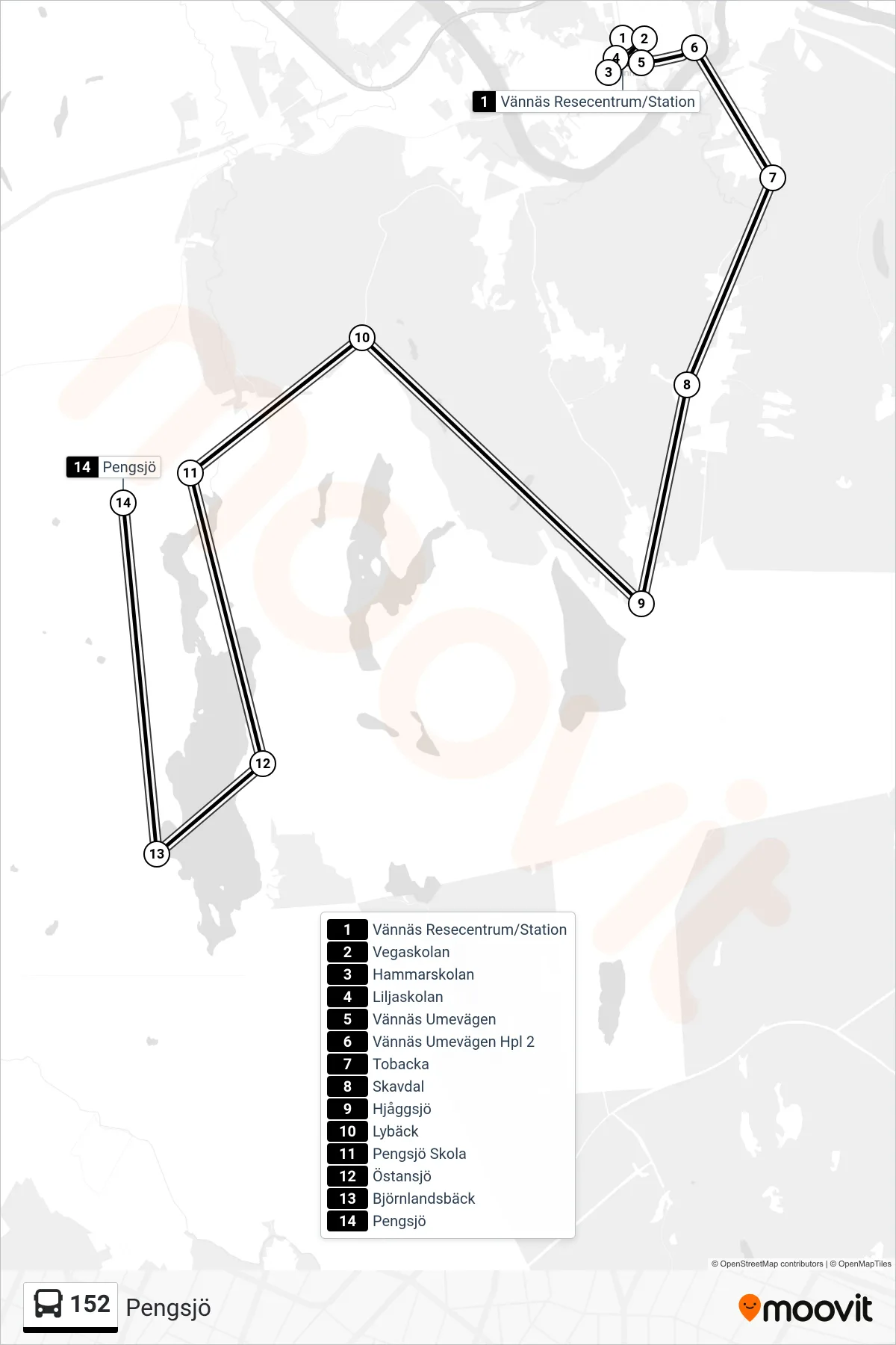 Rutt och hållplatser på karta för linje 152 spårvagn, (Pengsjö)