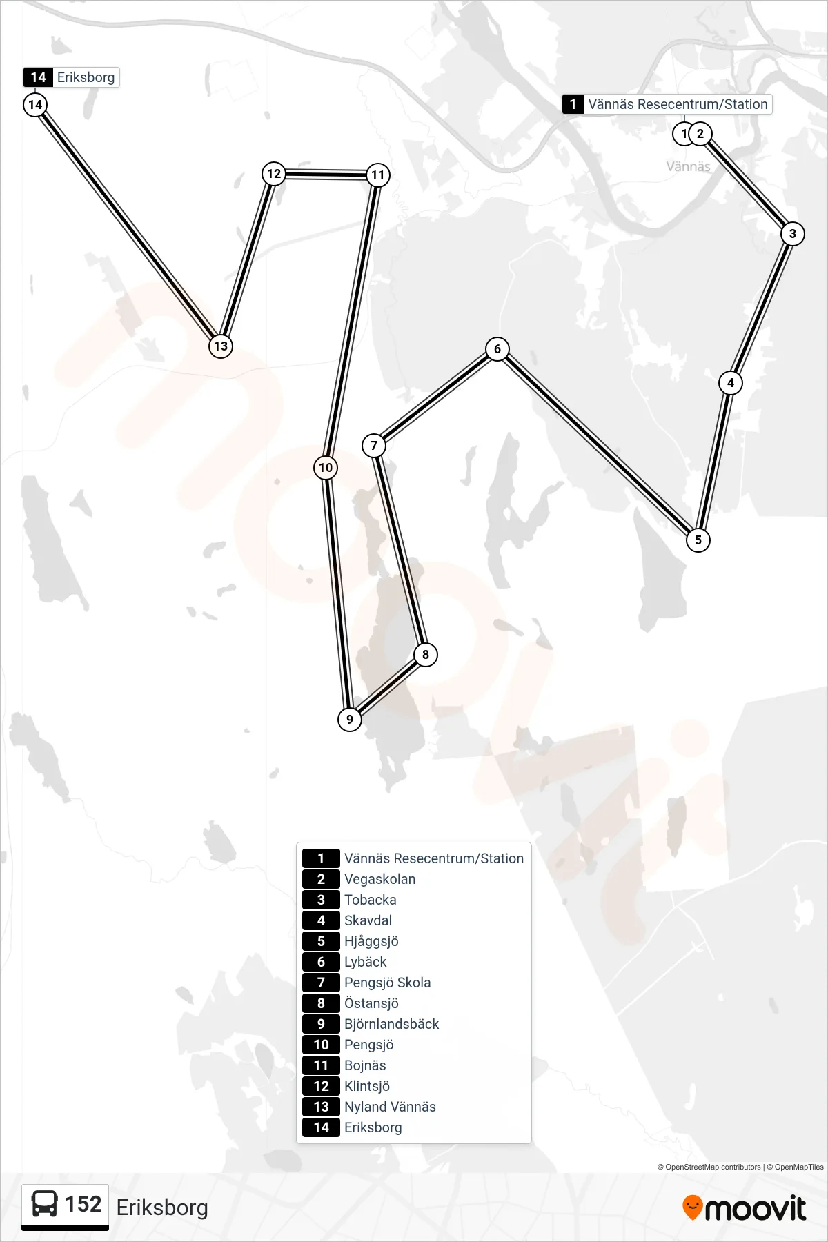 Rutt och hållplatser på karta för linje 152  spårvagn, (Eriksborg)