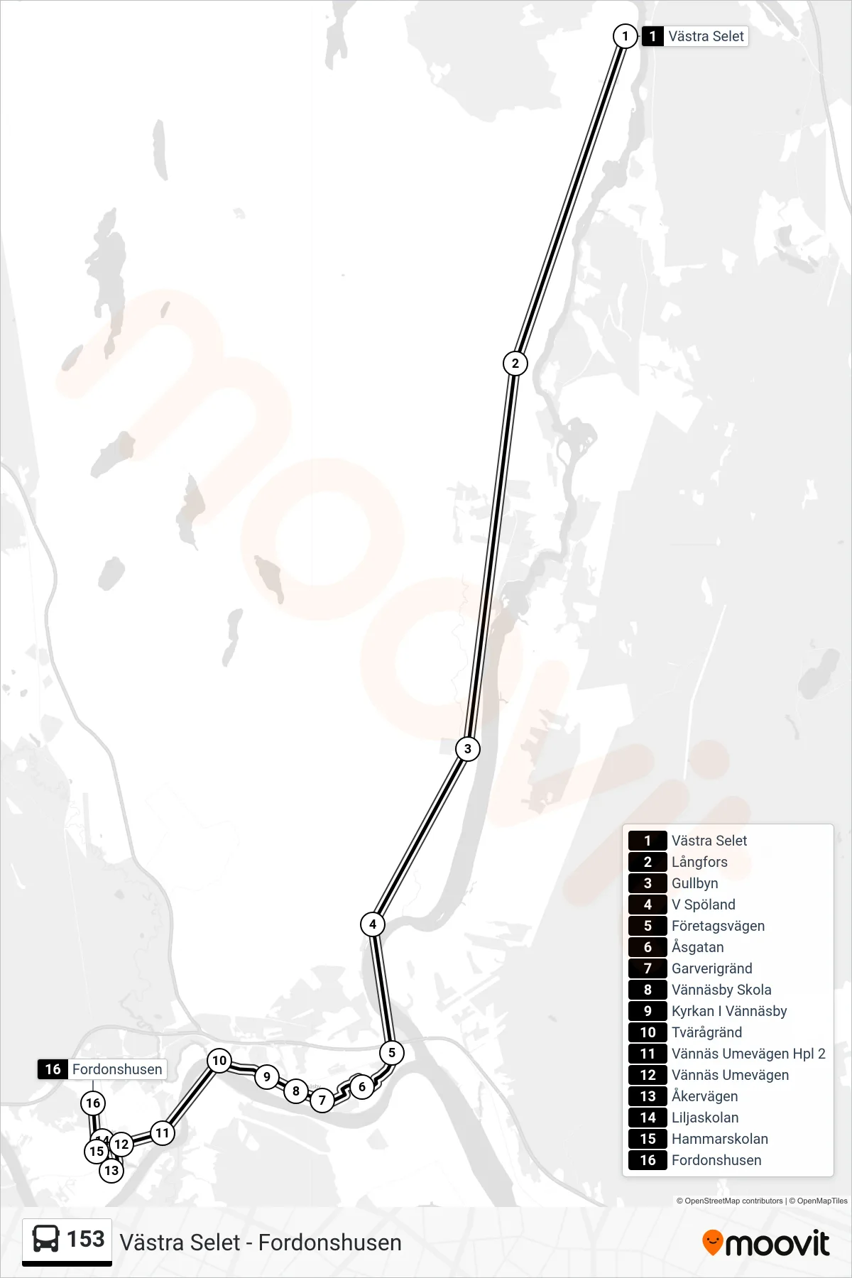 Rutt och hållplatser på karta för linje 153  spårvagn, (Fordonshusen)