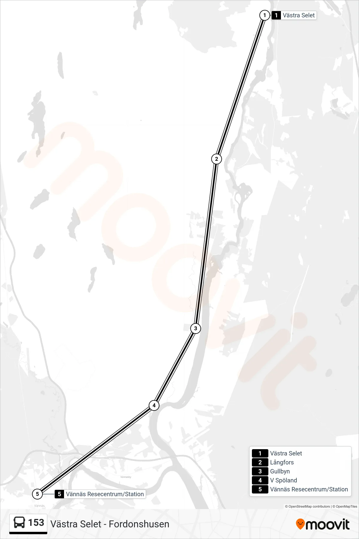 Rutt och hållplatser på karta för linje 153 spårvagn, (Vännäs Resecentrum/Station)