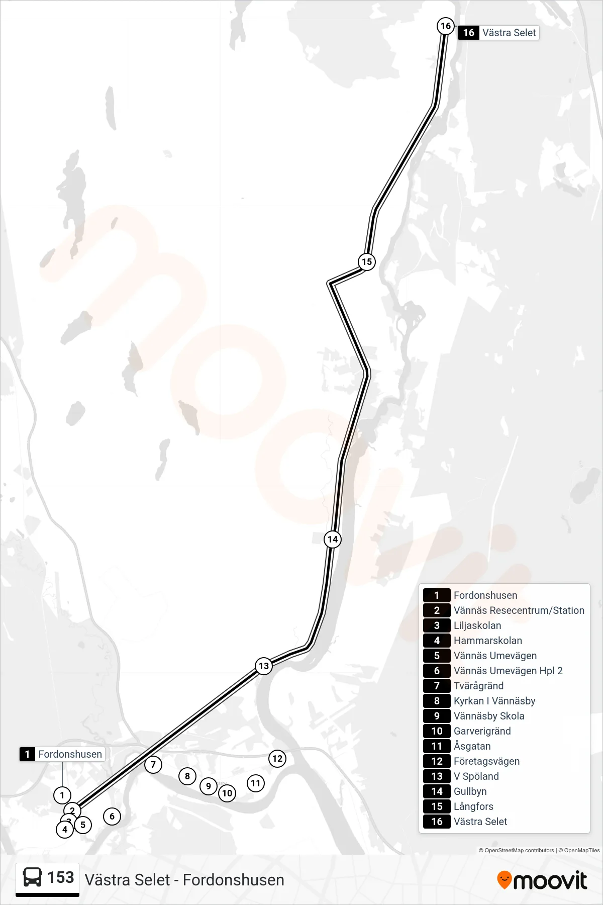 Rutt och hållplatser på karta för linje 153 spårvagn, (Västra Selet)