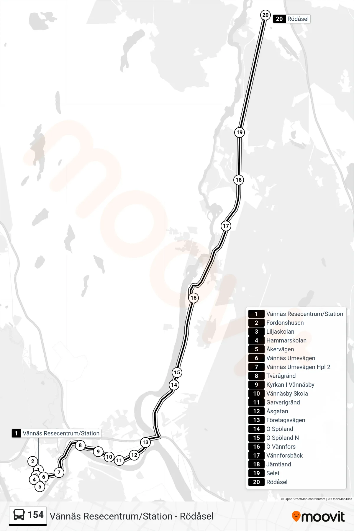 Rutt och hållplatser på karta för linje 154  spårvagn, (Rödåsel)