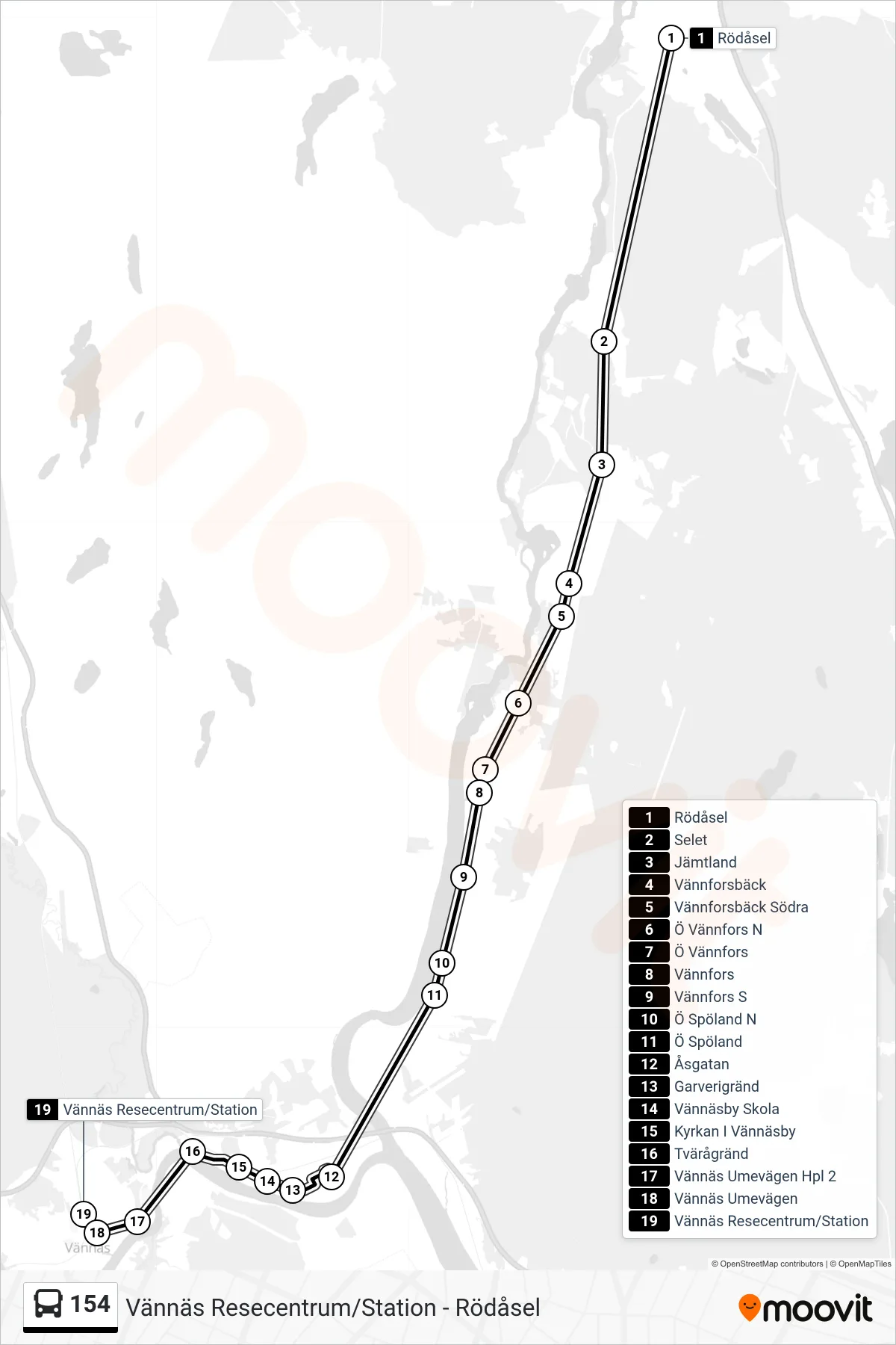 Rutt och hållplatser på karta för linje 154 spårvagn, (Vännäs Resecentrum/Station)