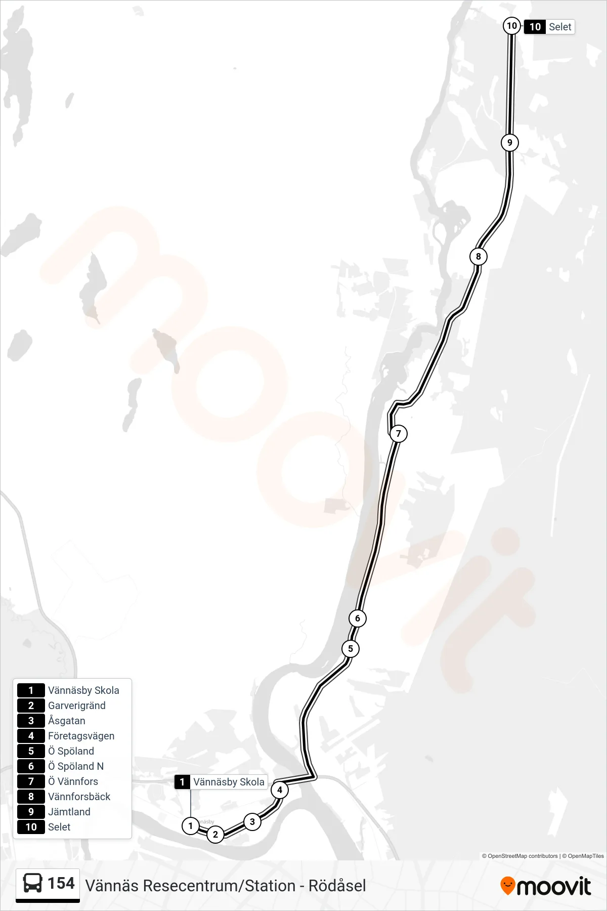 Rutt och hållplatser på karta för linje 154 spårvagn, (Selet)