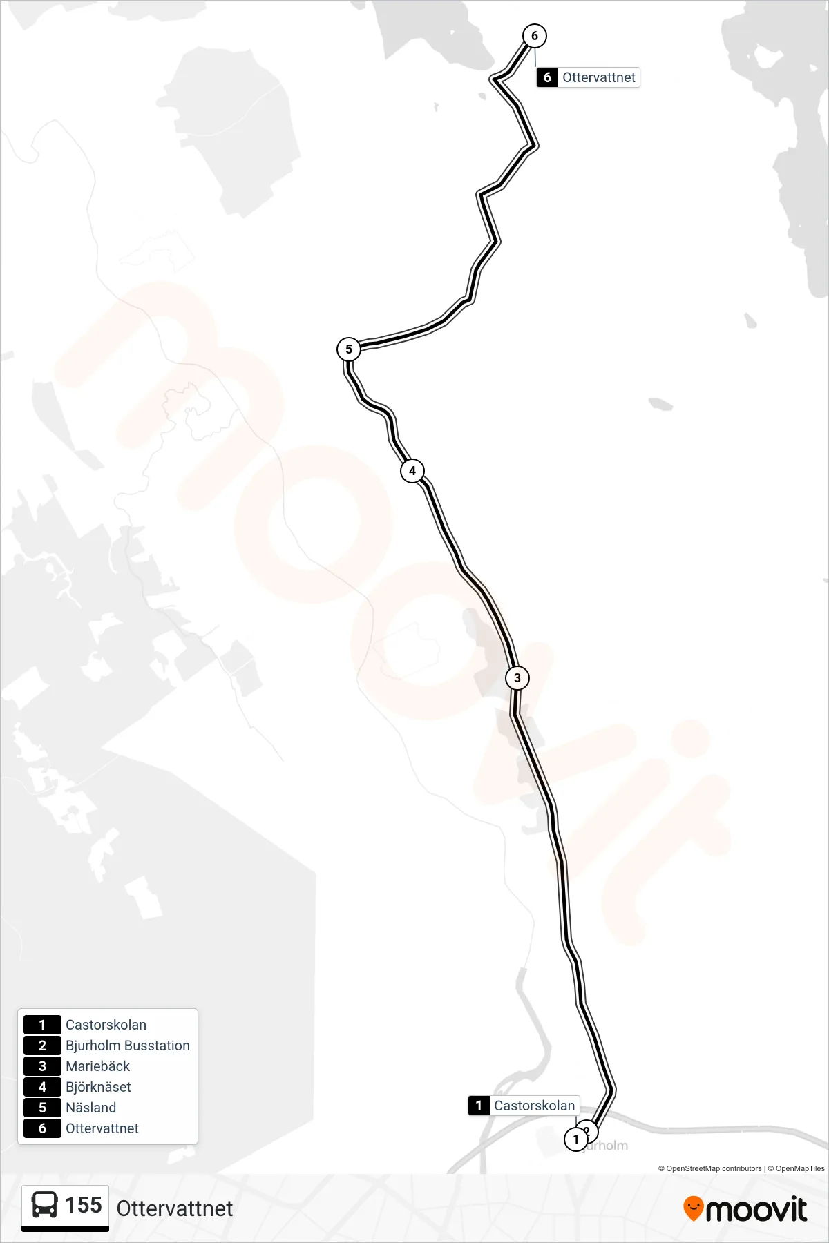 Rutt och hållplatser på karta för linje 155 spårvagn, (Ottervattnet)