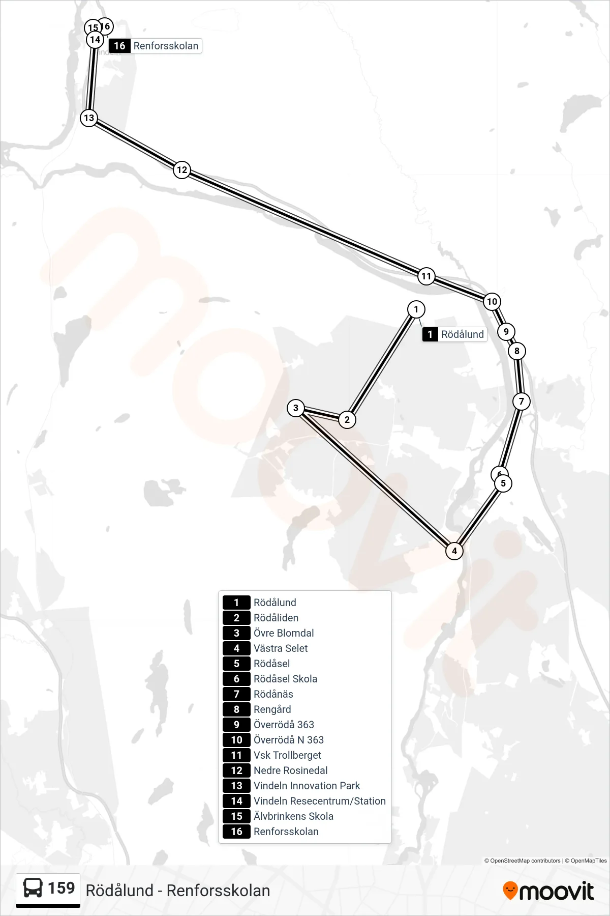 Rutt och hållplatser på karta för linje 159 spårvagn, (Renforsskolan)