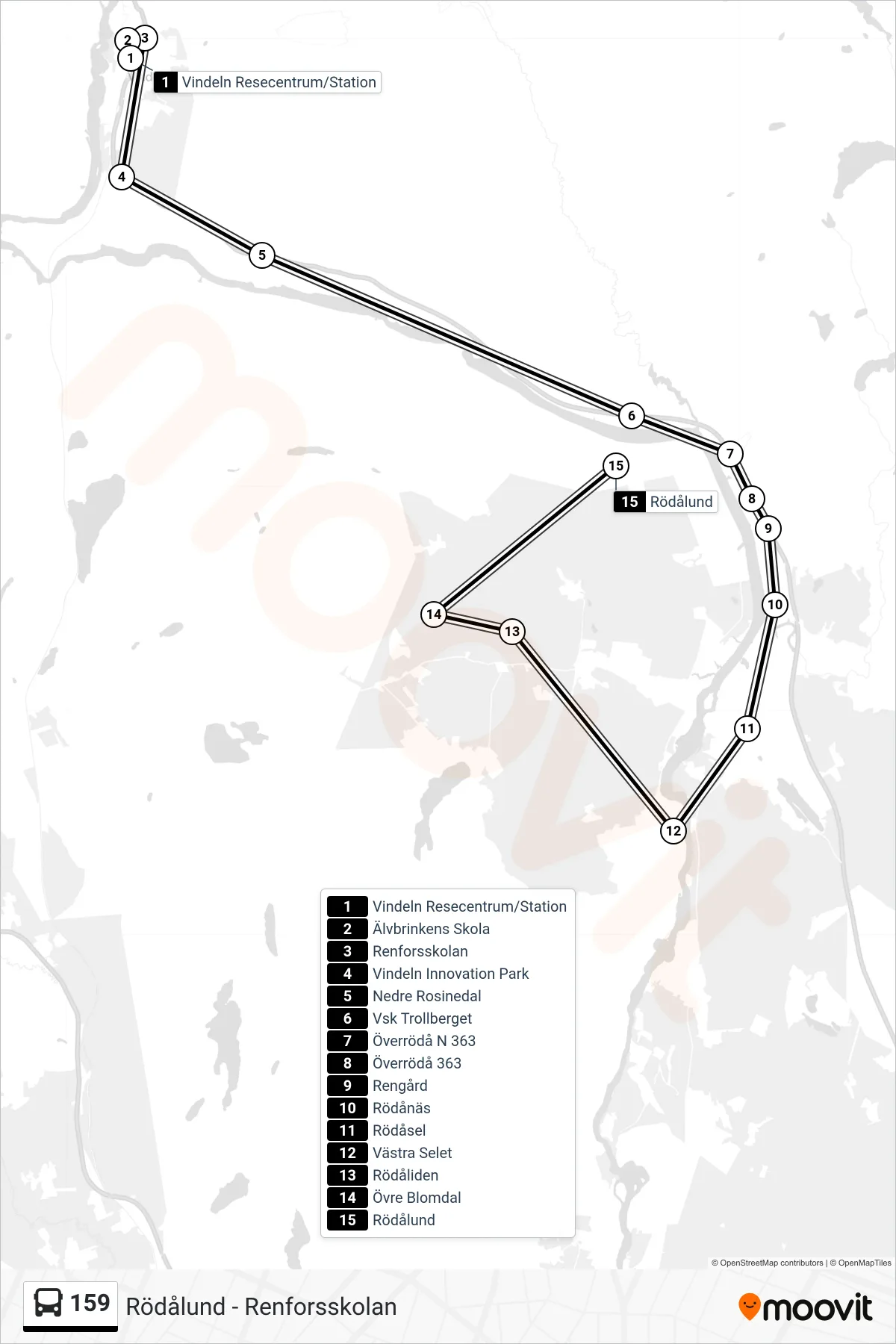 Rutt och hållplatser på karta för linje 159 spårvagn, (Rödålund)