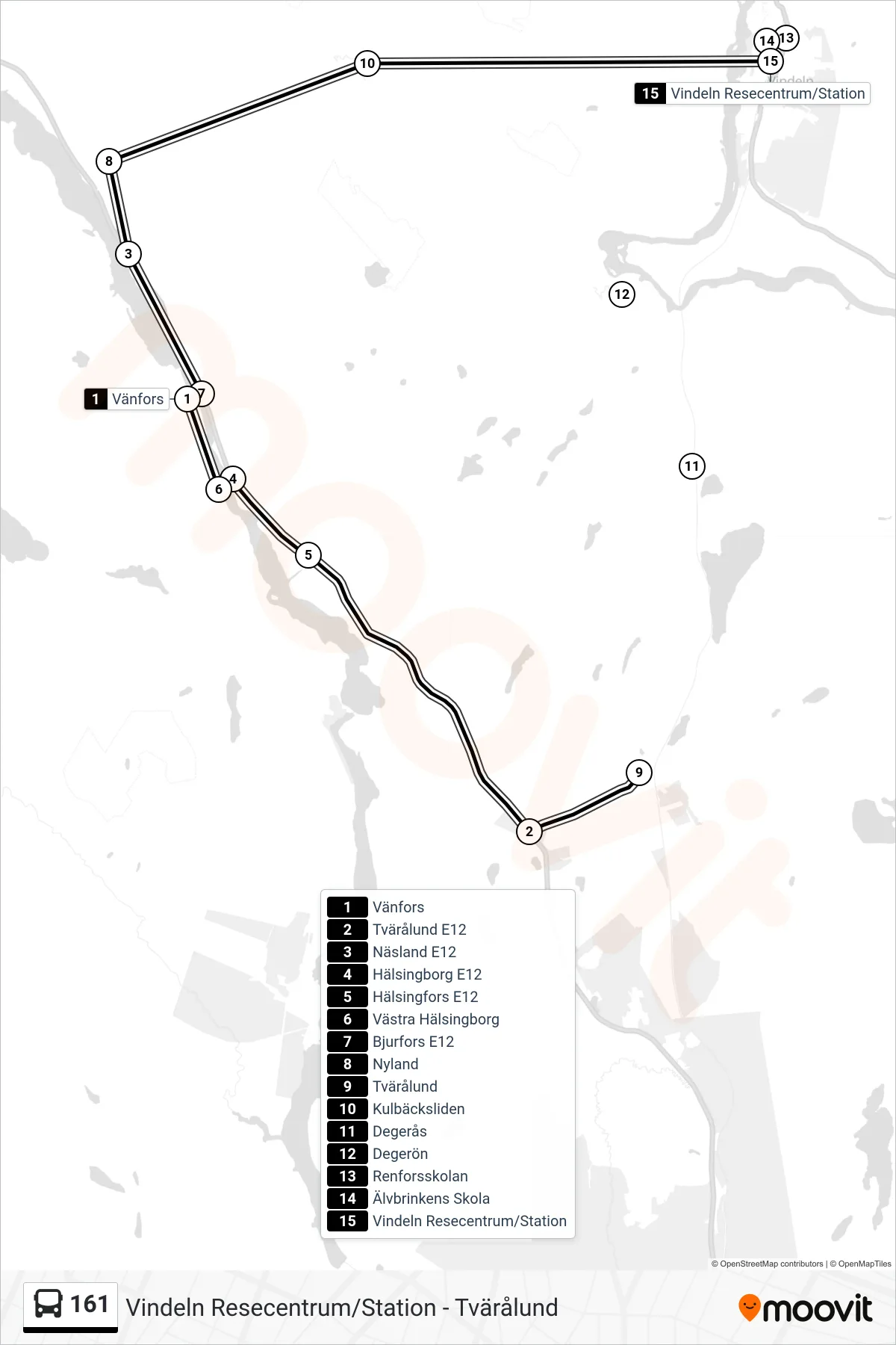 Rutt och hållplatser på karta för linje 161 spårvagn, (Vindeln Resecentrum/Station)