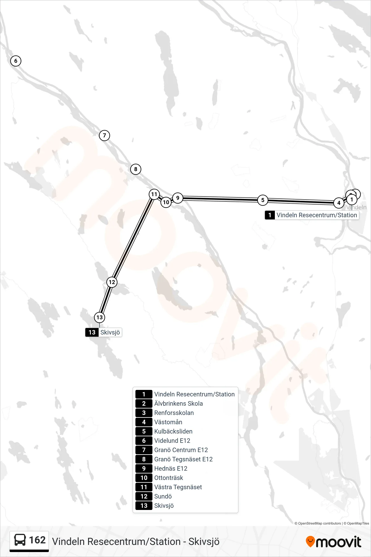 Rutt och hållplatser på karta för linje 162  spårvagn, (Skivsjö)