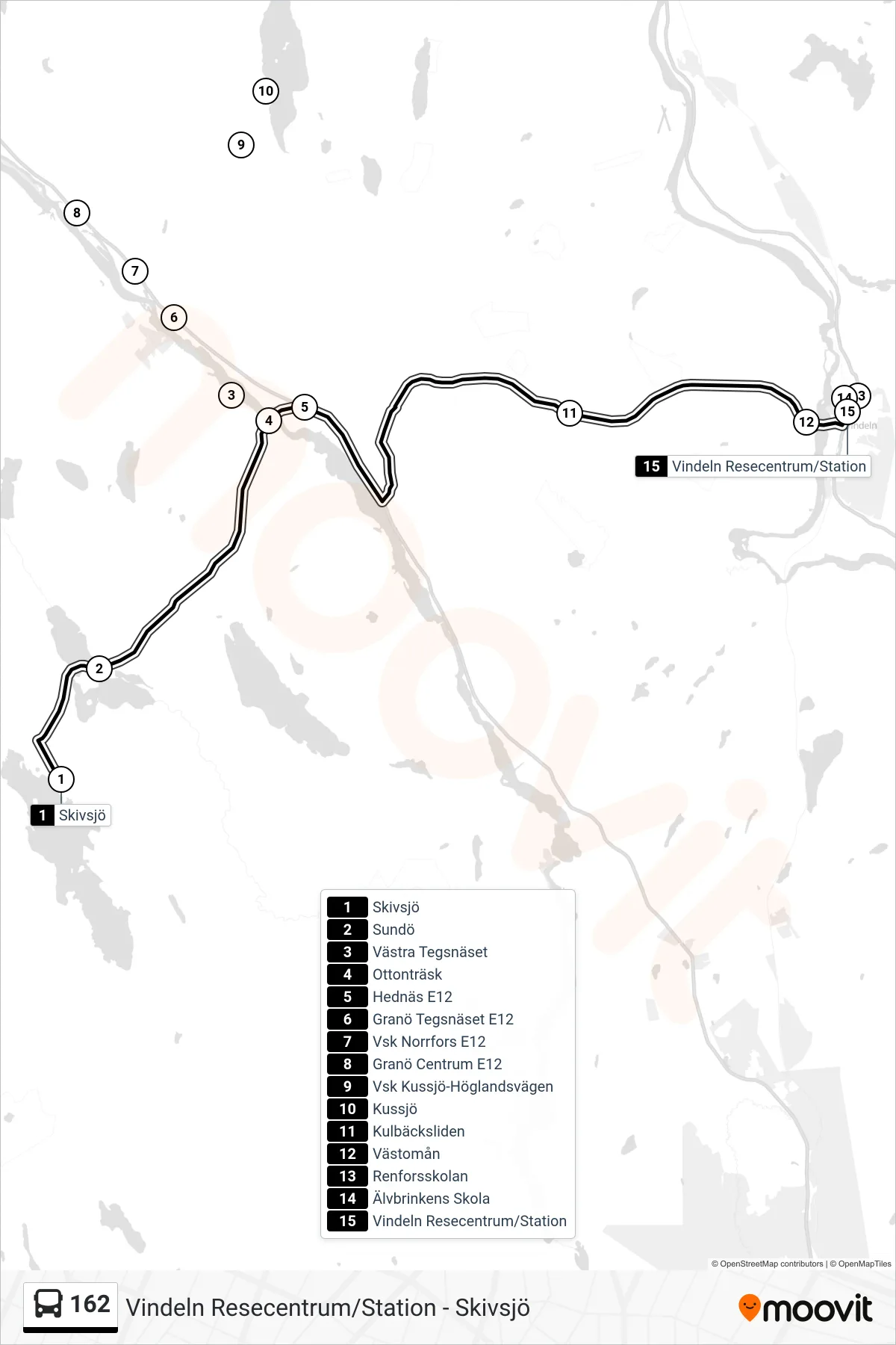 Rutt och hållplatser på karta för linje 162  spårvagn, (Vindeln Resecentrum/Station)