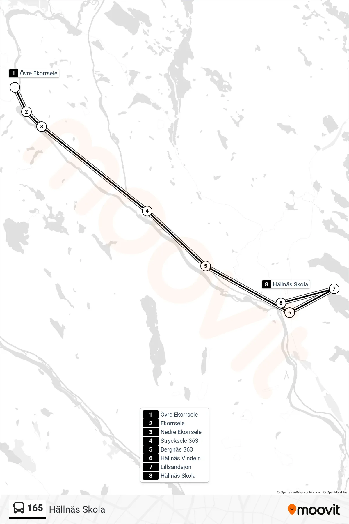 Rutt och hållplatser på karta för linje 165 spårvagn, (Hällnäs Skola)
